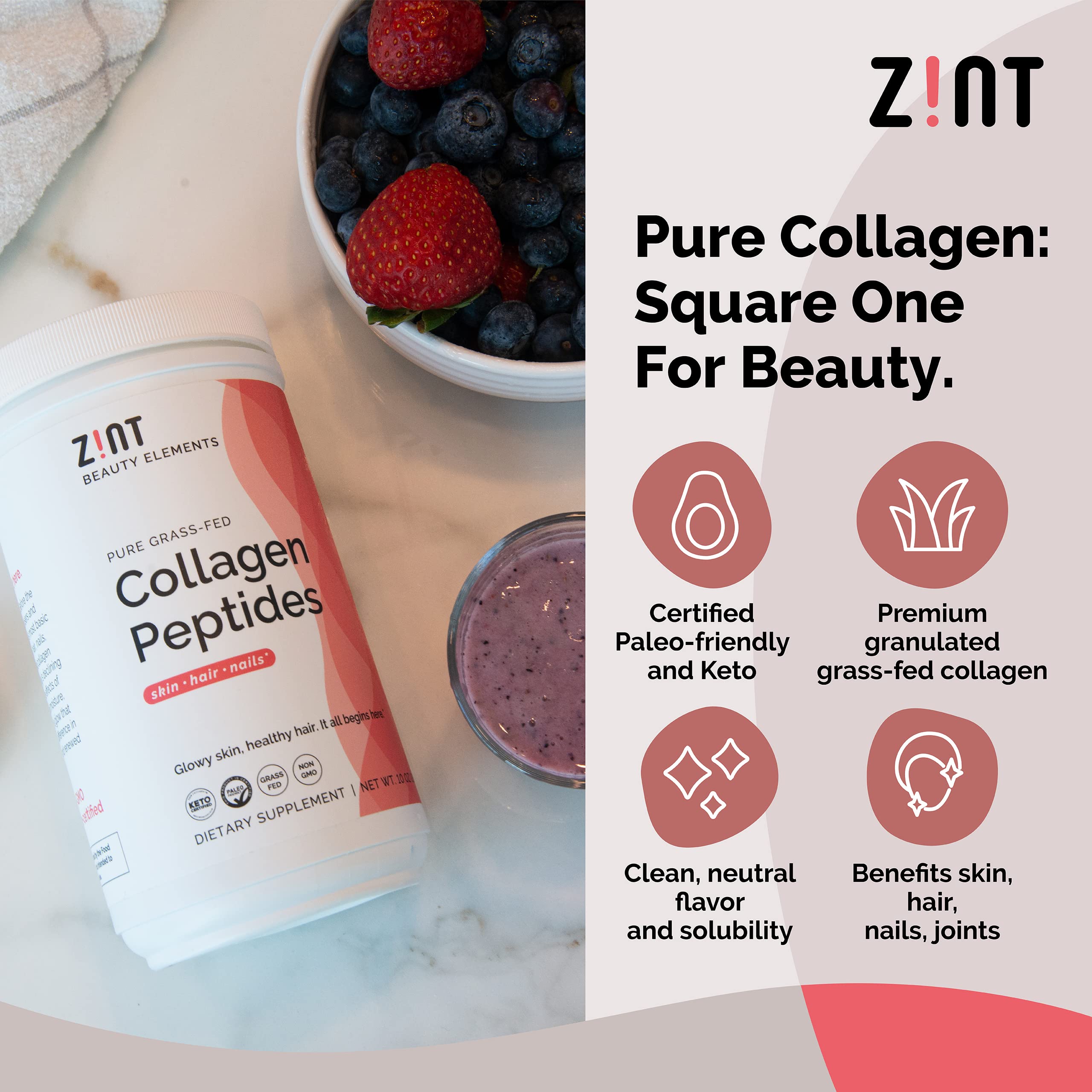 Scoop of Zint Collagen Powder 27g on a wooden surface