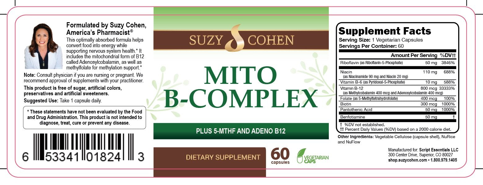 Script Essentials Mito B Complex 300mg capsules with a measuring spoon