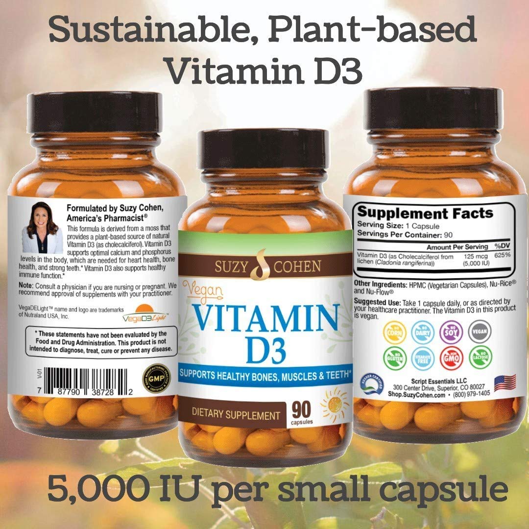 Script Essentials Vitamin D3 capsules on a wooden table