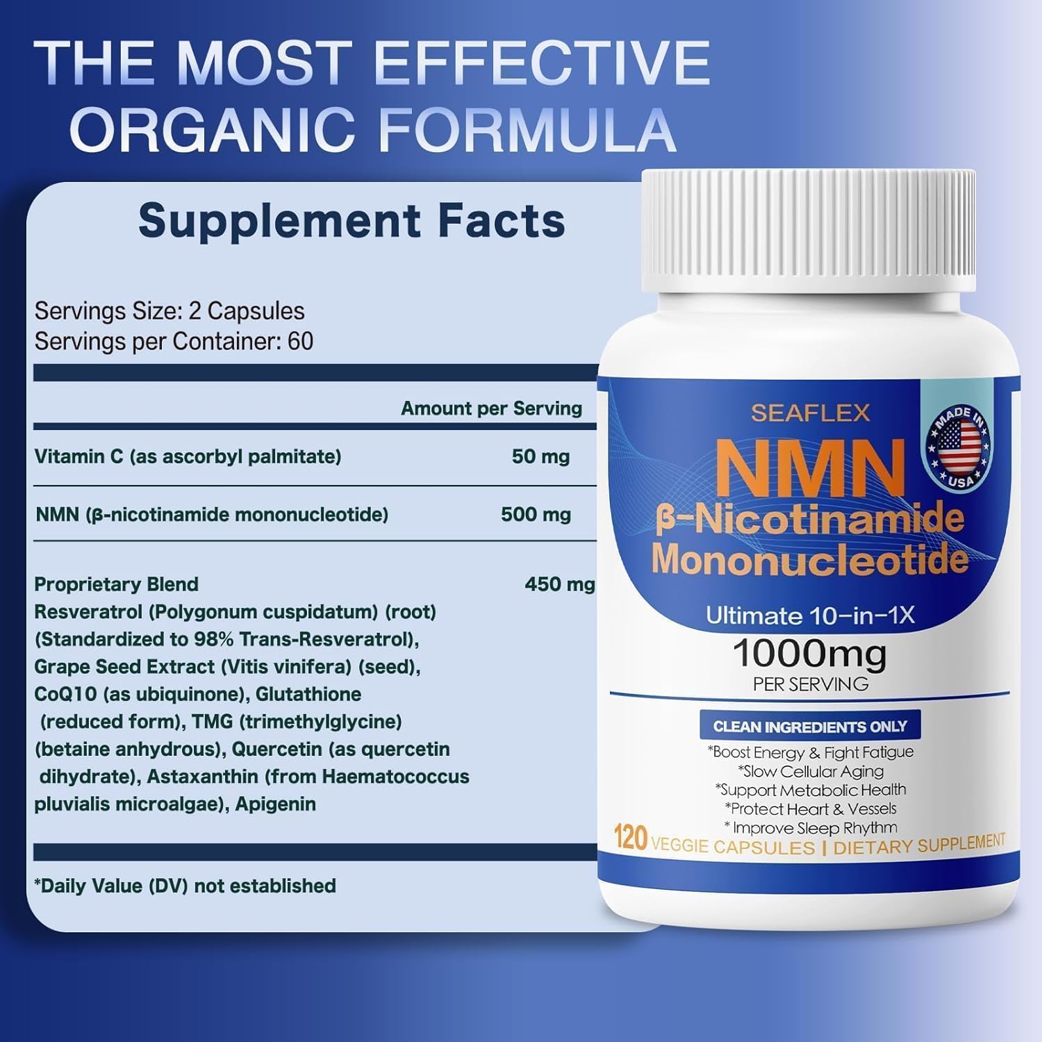 SEAFLEX NMN Complex 10-in-1 Supplement 1000mg capsules in a hand
