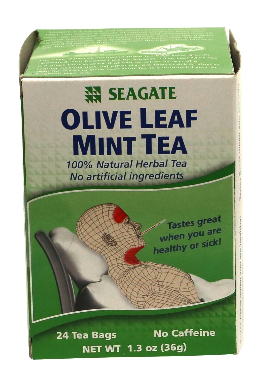 Seagate Olive Leaf Mint Tea box front view with 24 tea bags