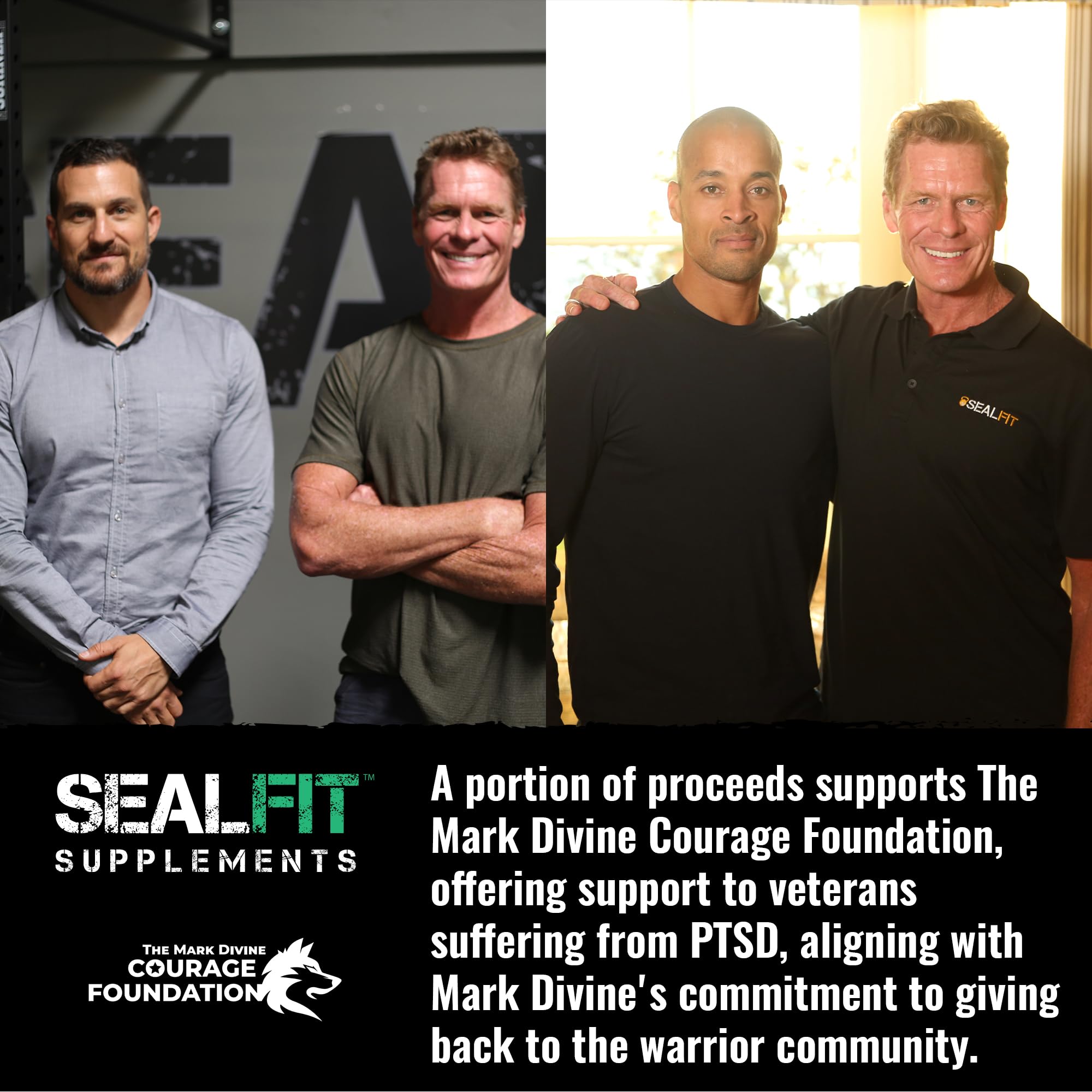 SEALFIT Supplements Creatine and Colostrum Powder on a gym bench