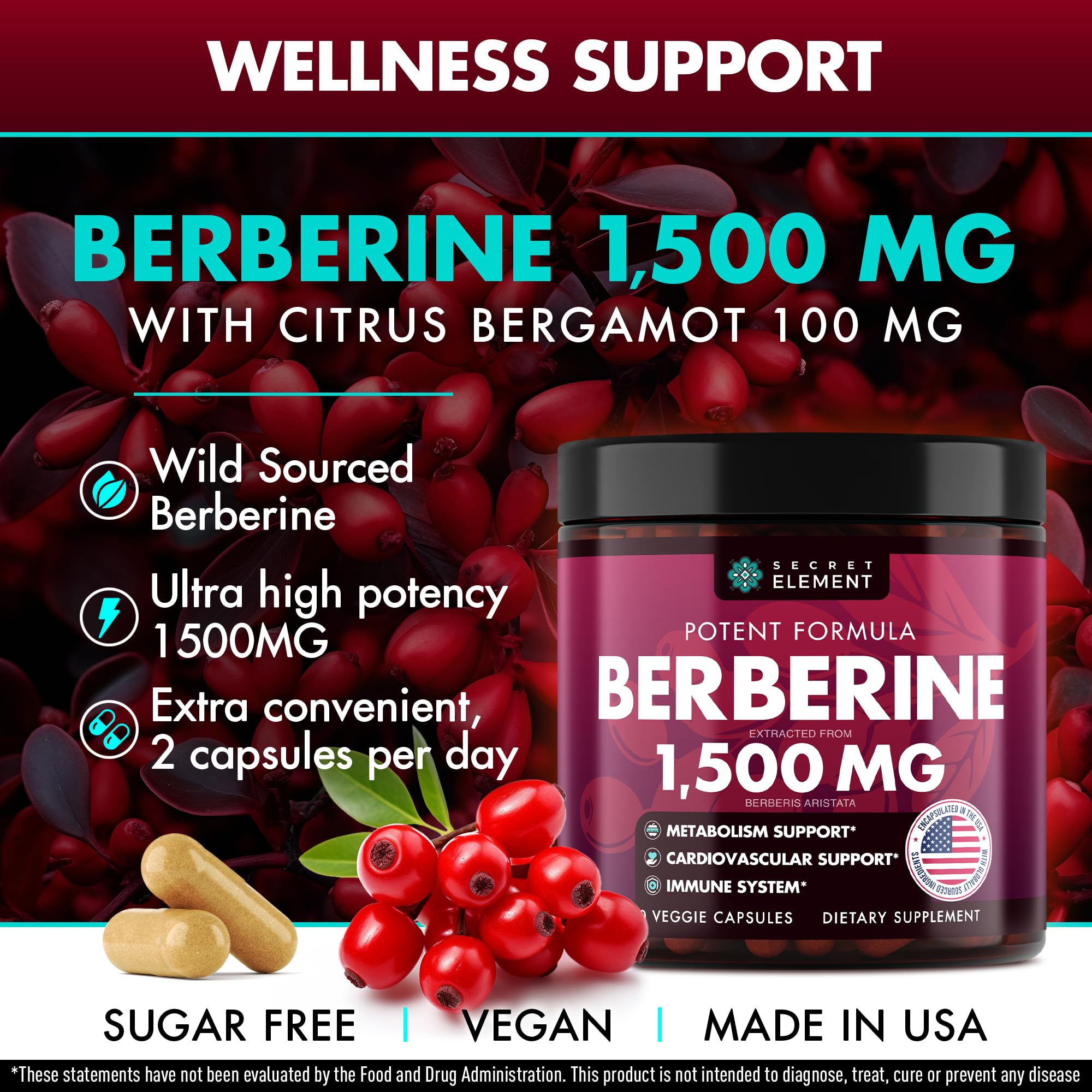 Secret Element Berberine HCL 1500mg Vegan Capsules side view