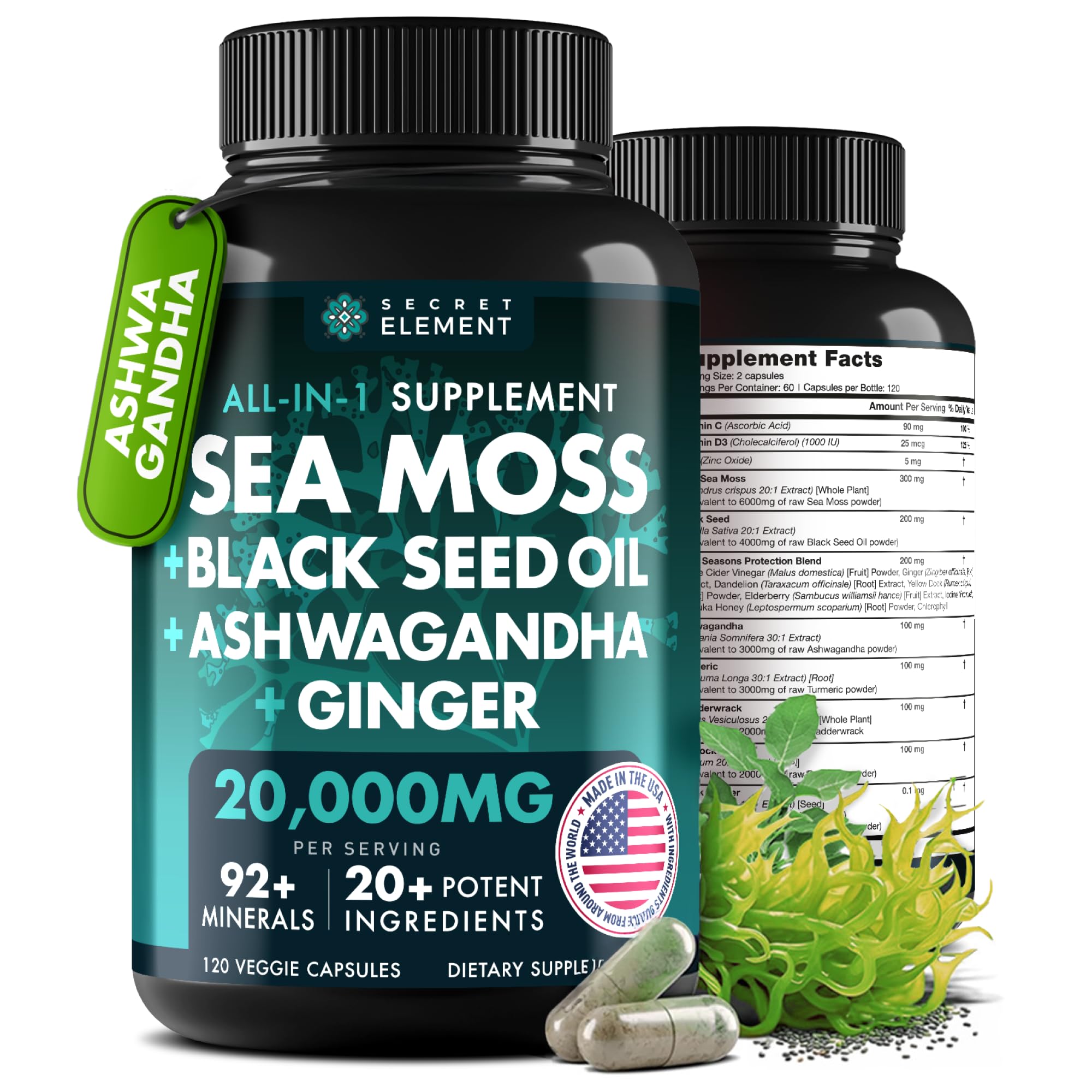 Secret Element Black Seed Oil & Sea Moss Supplement front view