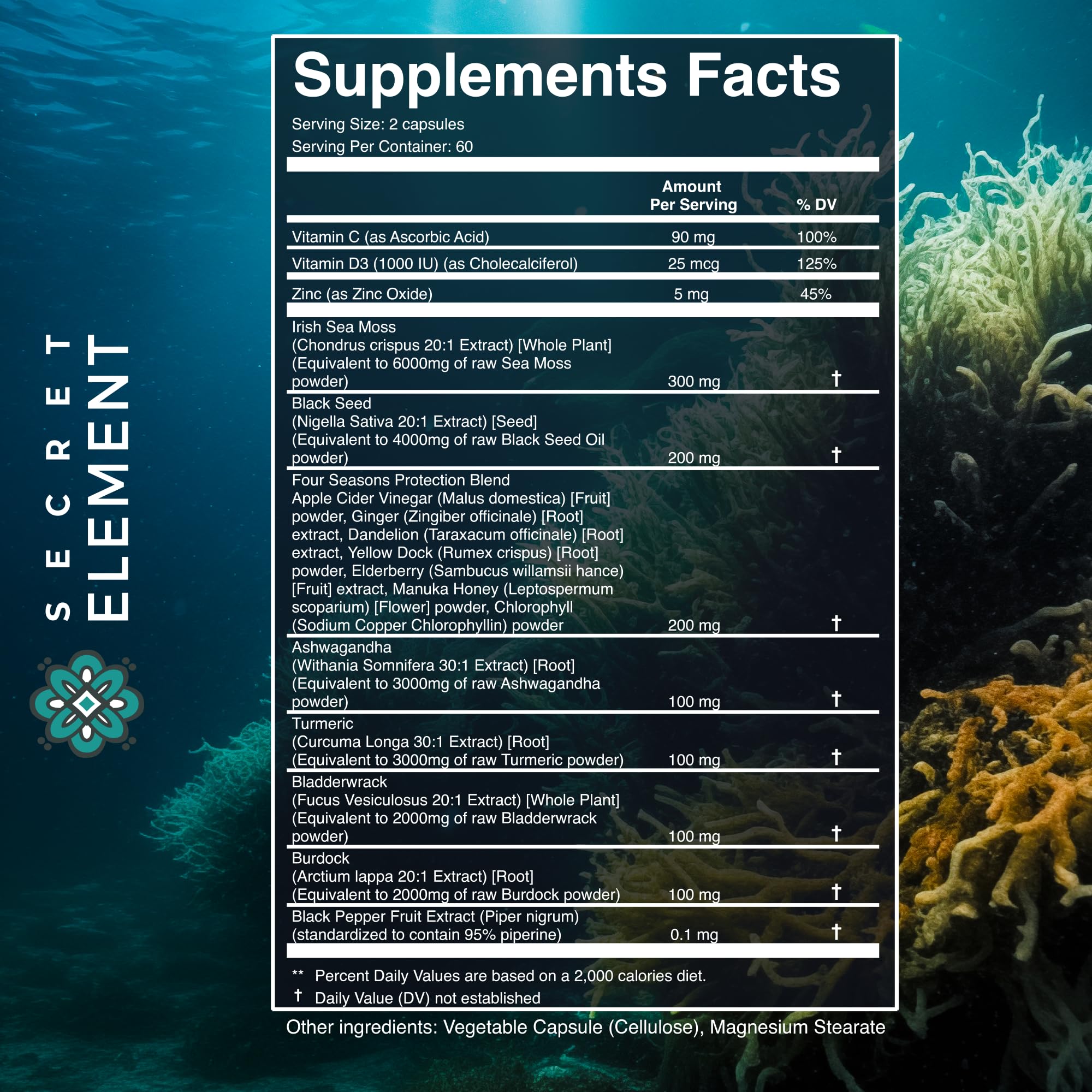 Secret Element Black Seed Oil & Sea Moss Supplement with fresh herbs
