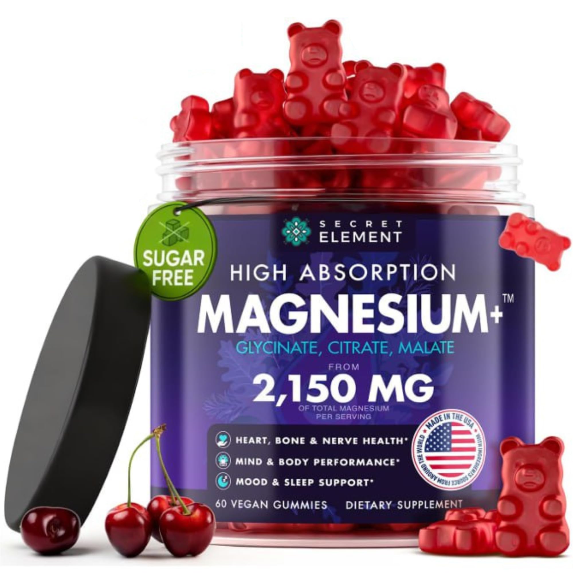 Secret Element Magnesium Gummies 60 count cherry flavour front view