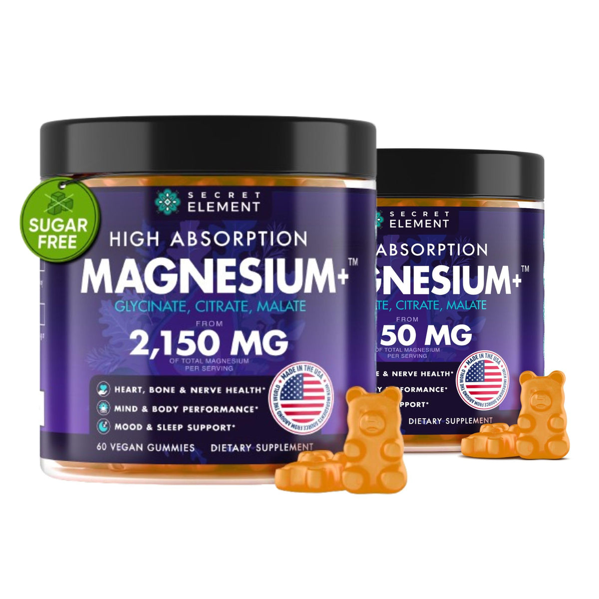 Secret Element Magnesium Gummies front view with orange packaging
