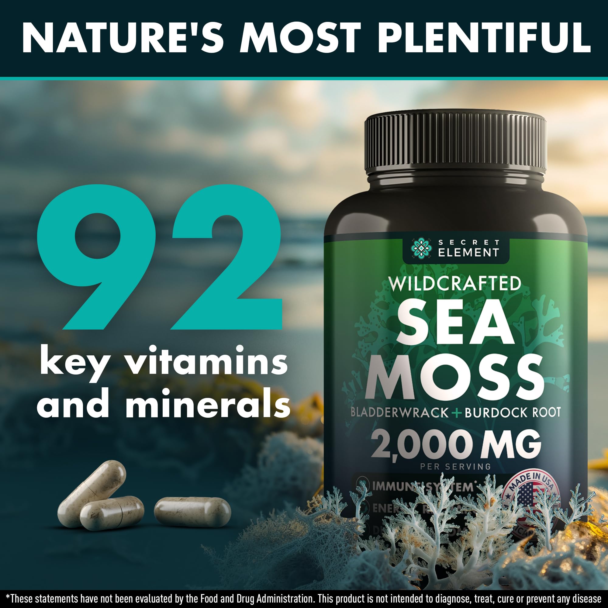 Secret Element Sea Moss Capsules side view with packaging