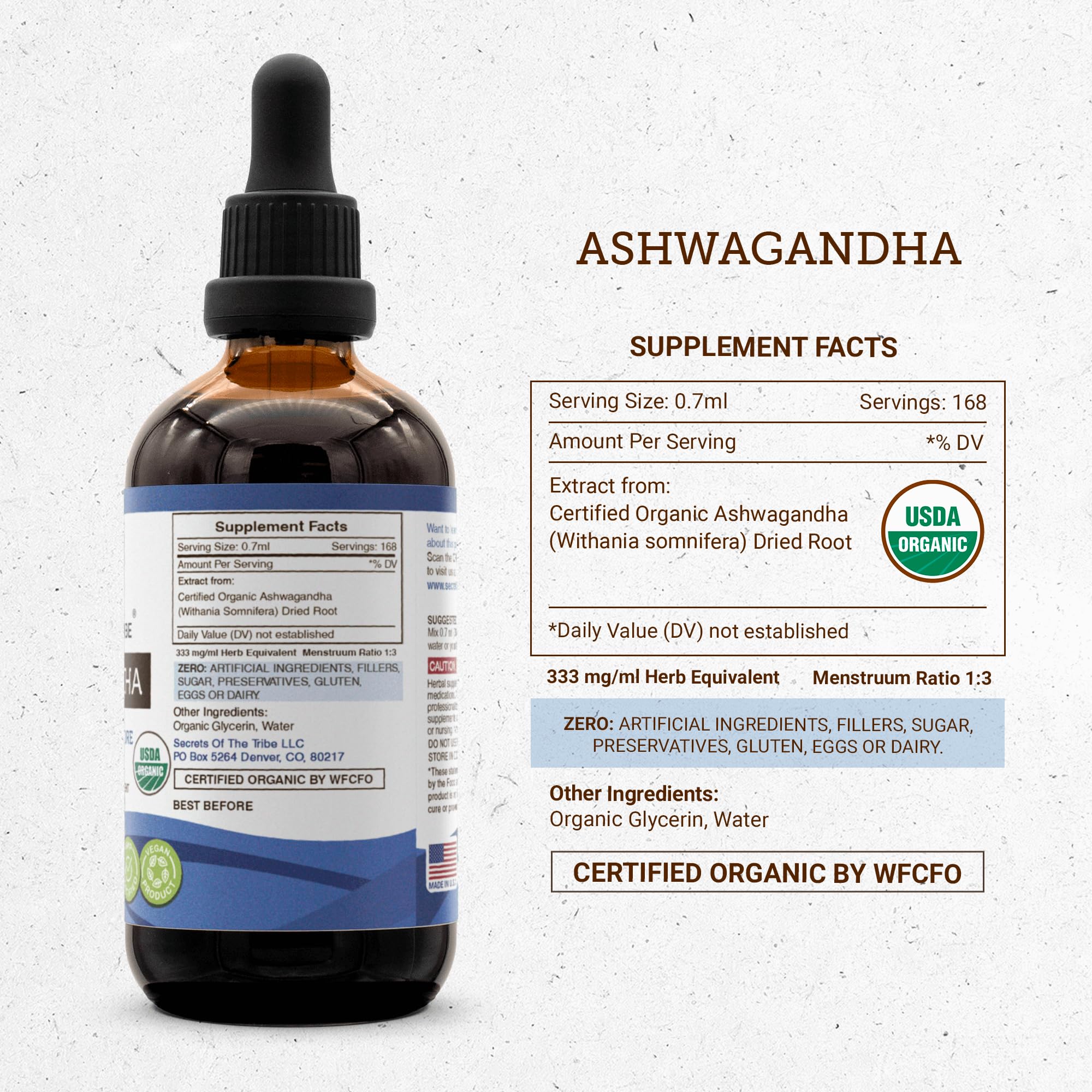 Secrets of the Tribe Ashwagandha 299g with a measuring spoon