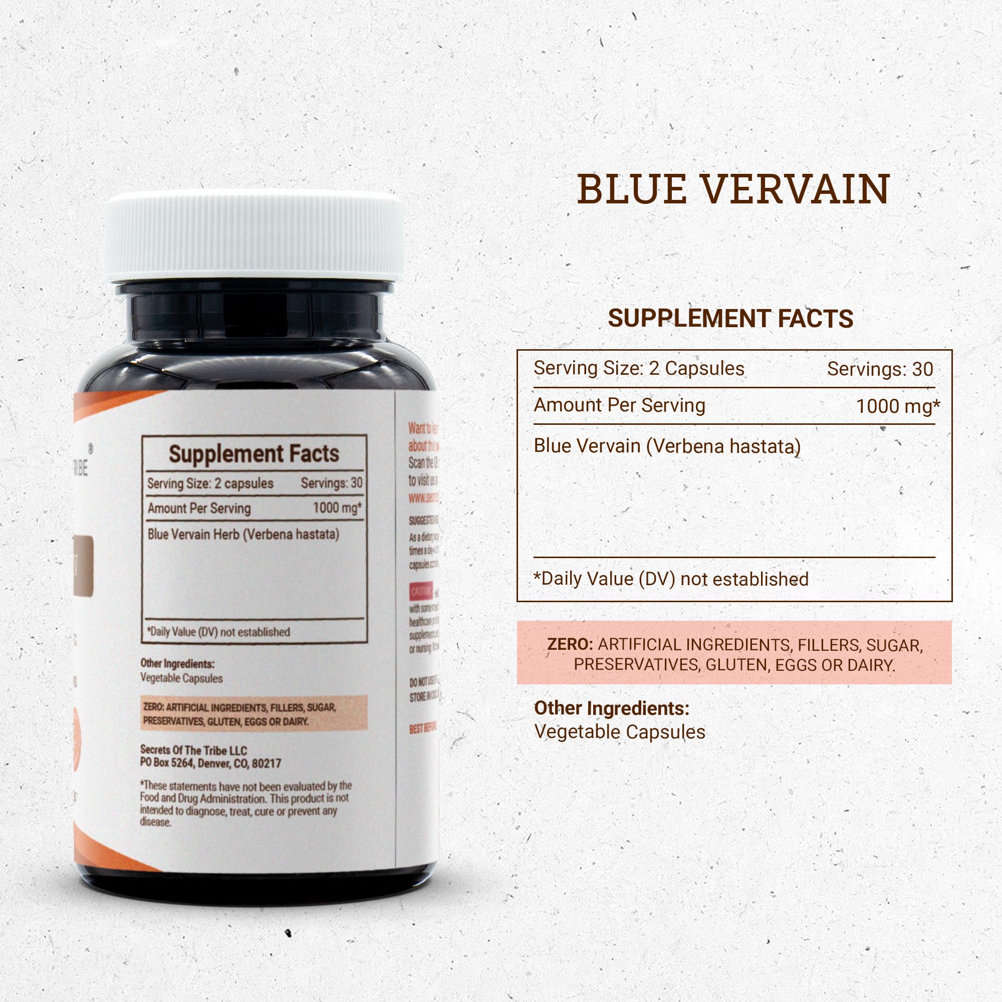 Secrets of the Tribe Blue Vervain Capsules bottle with label