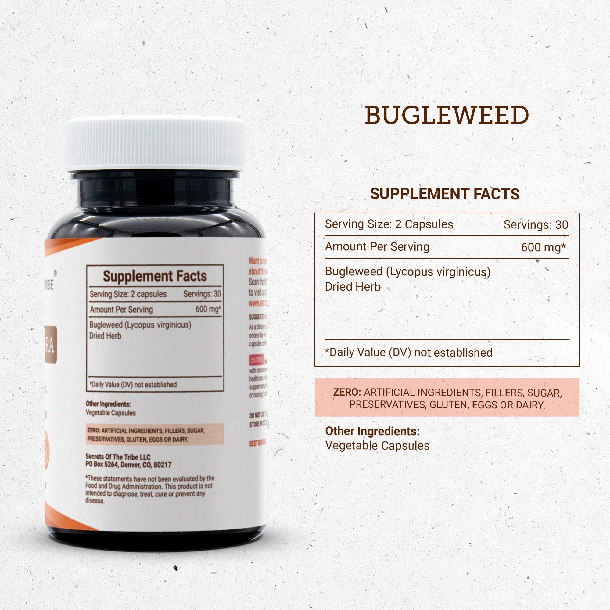 Secrets of the Tribe Bugleweed Capsules with a natural background