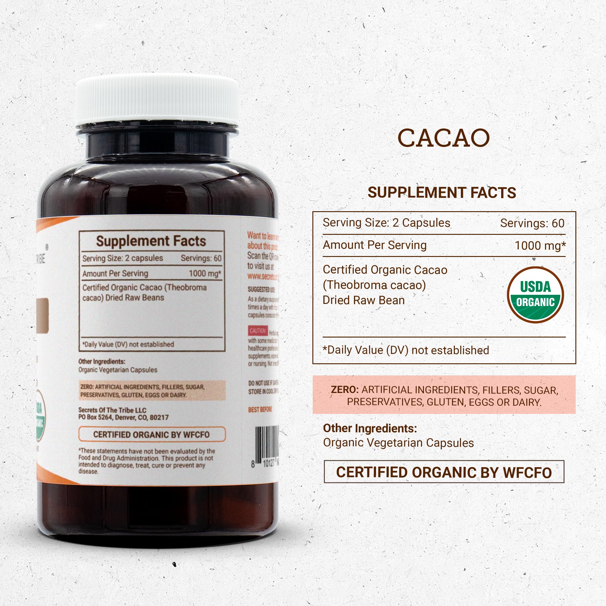 Secrets of the Tribe Cacao Capsules on a wooden table