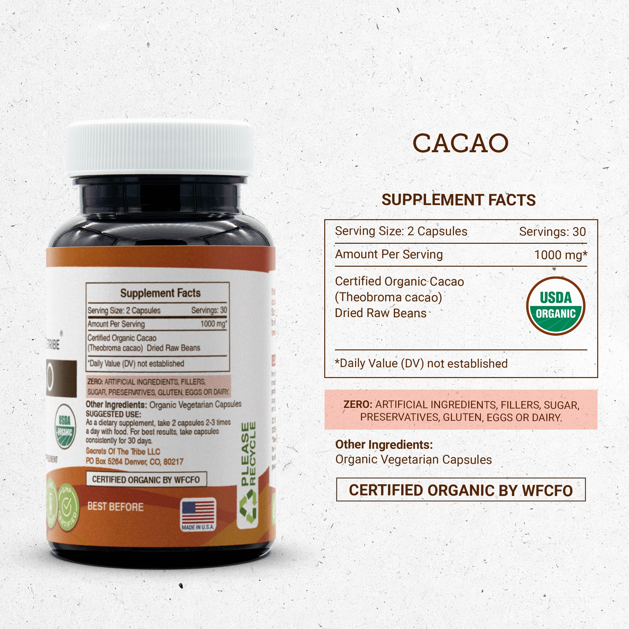 Secrets of the Tribe Cacao Capsules with ingredients list