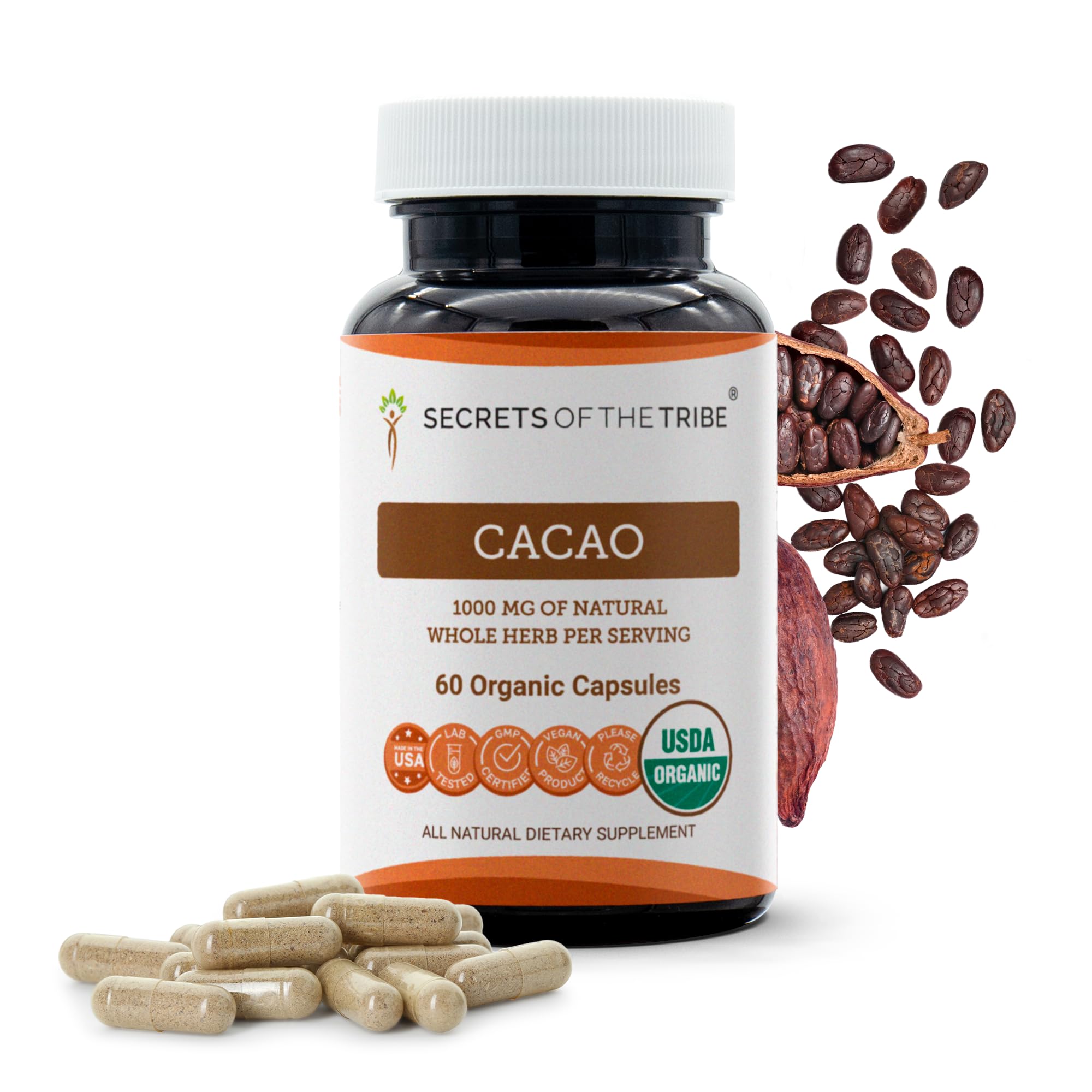 Secrets of the Tribe Cacao Dried Raw Beans Capsules front view