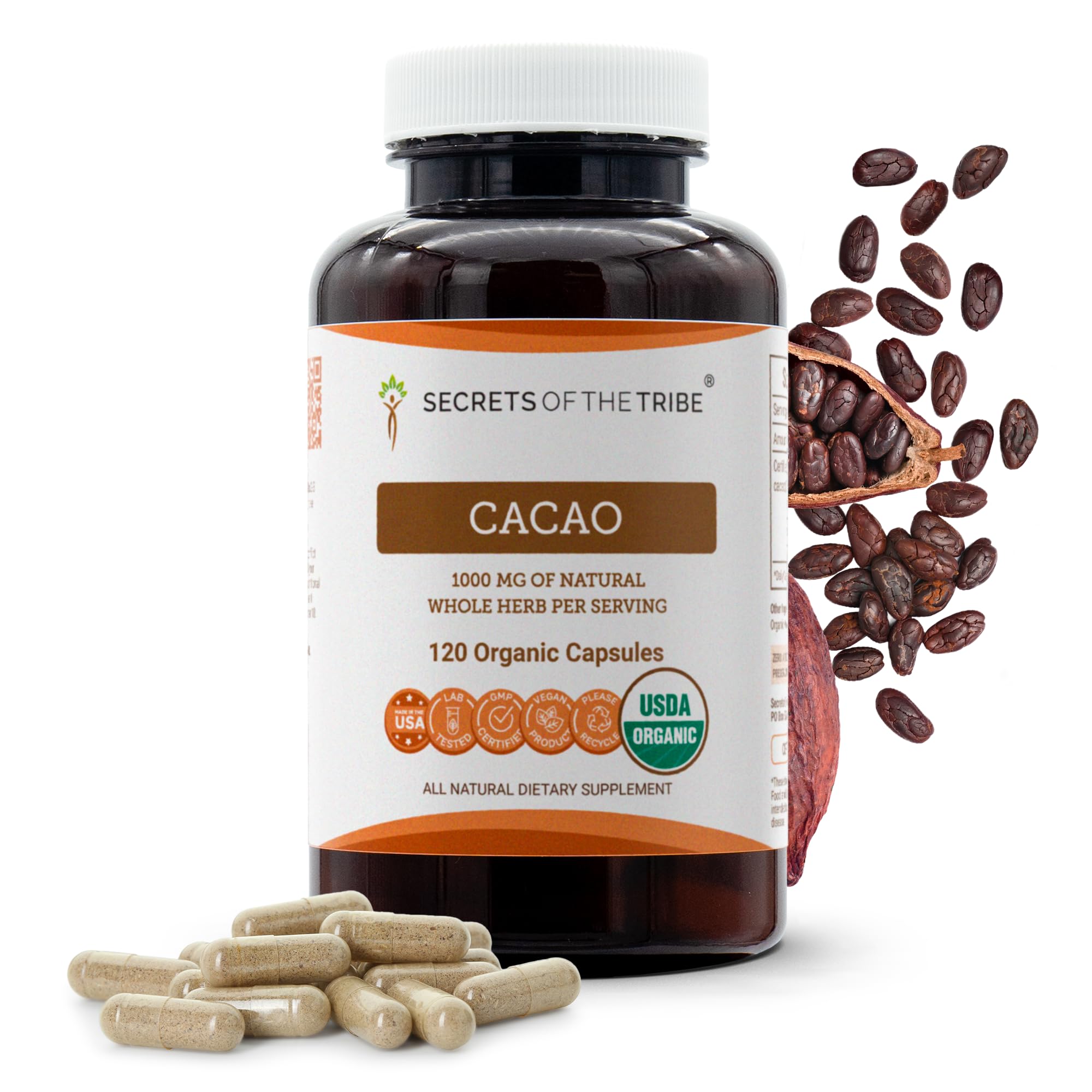 Secrets of the Tribe Cacao Dried Raw Beans Organic Capsules front view