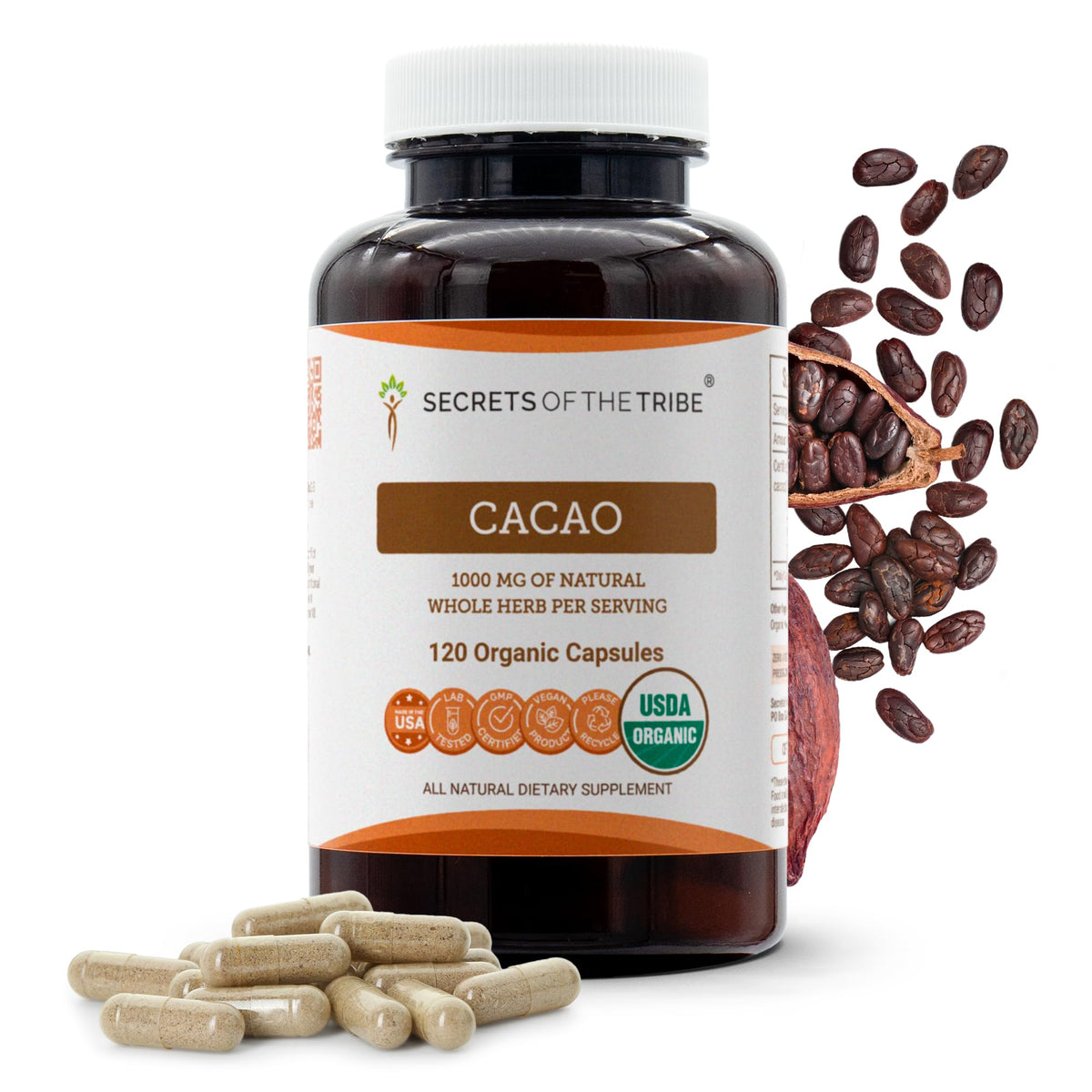 Secrets of the Tribe Cacao Dried Raw Beans Organic Capsules front view