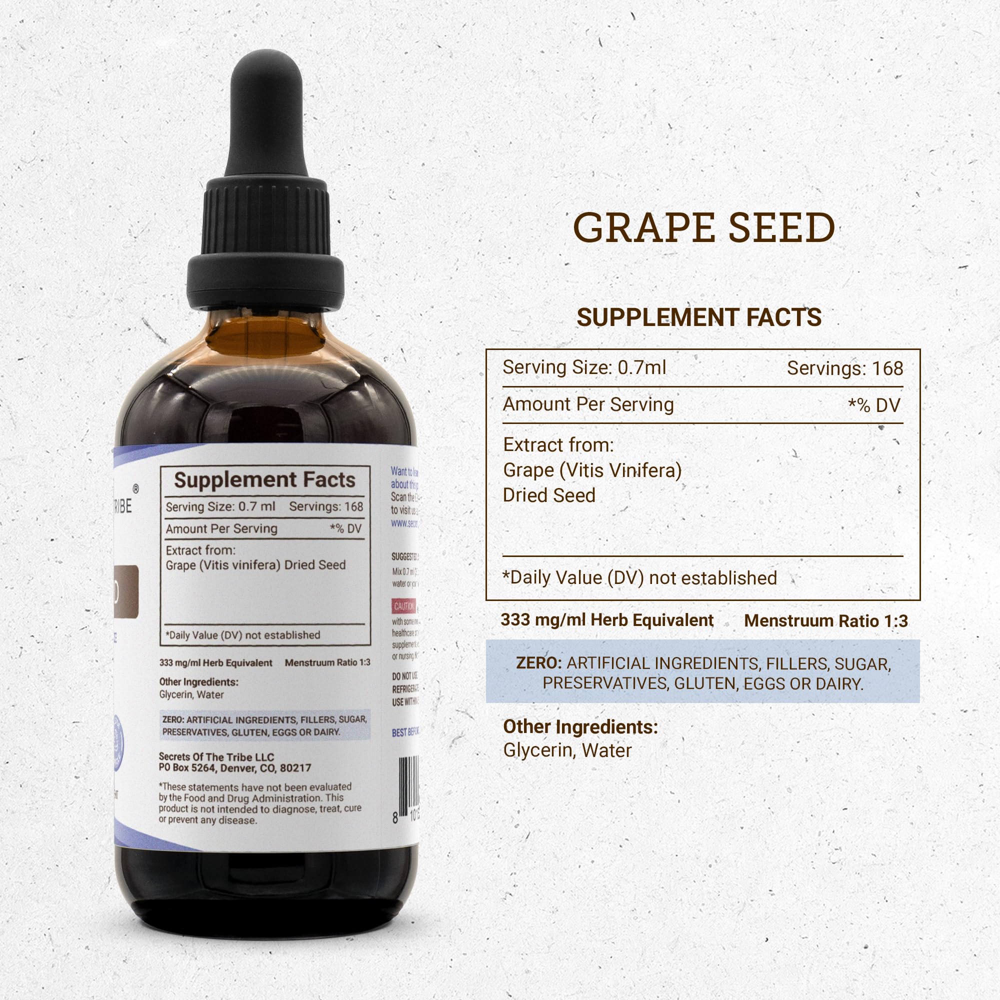 Secrets of the Tribe Grape Seed Extract 113g label close-up