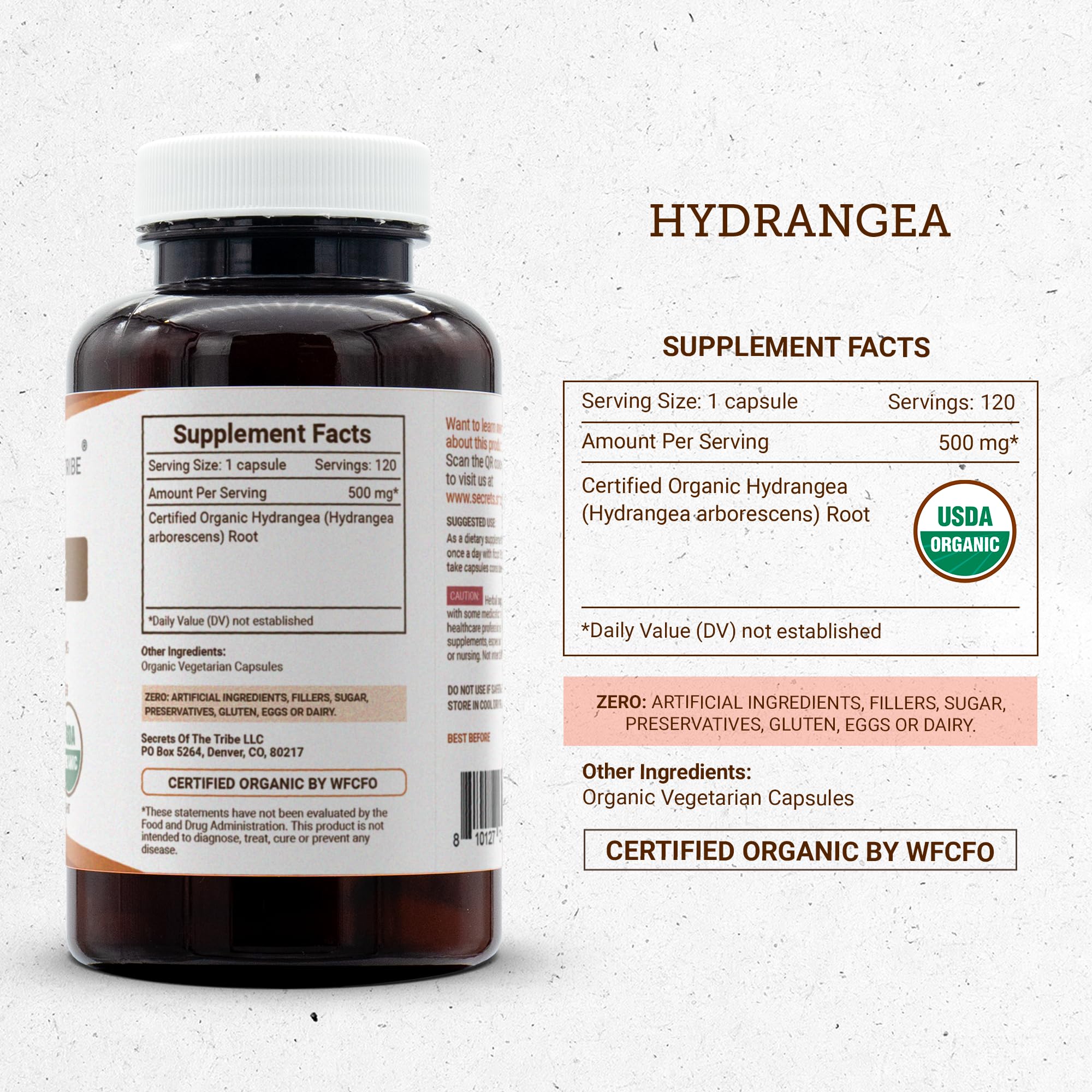Secrets of the Tribe Hydrangea Dried Root Organic Capsules back view