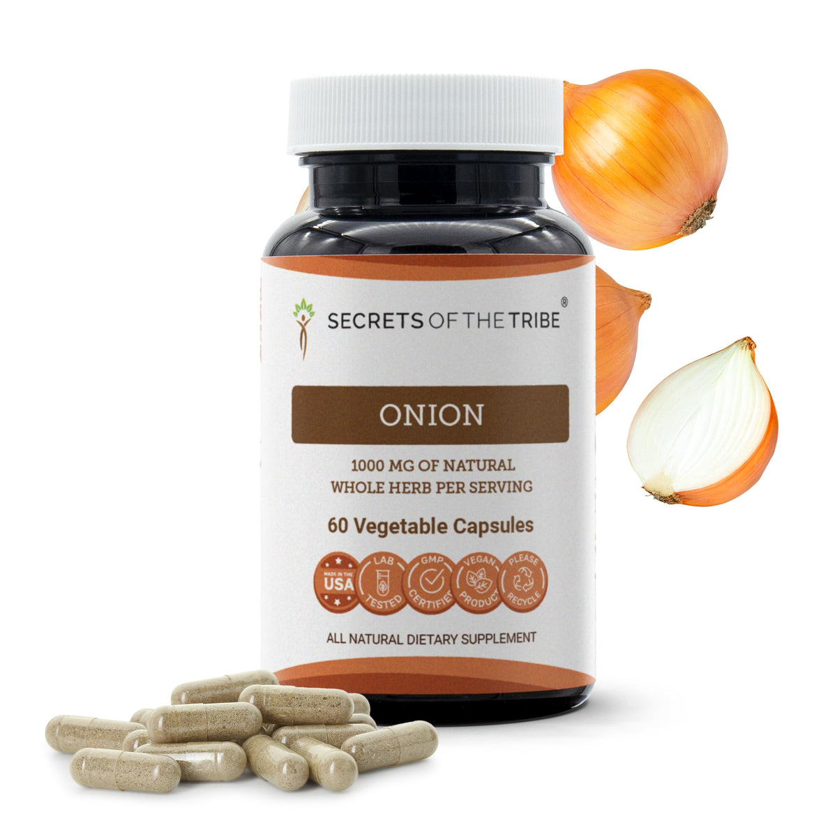 Secrets of the Tribe Onion Capsules front view with packaging