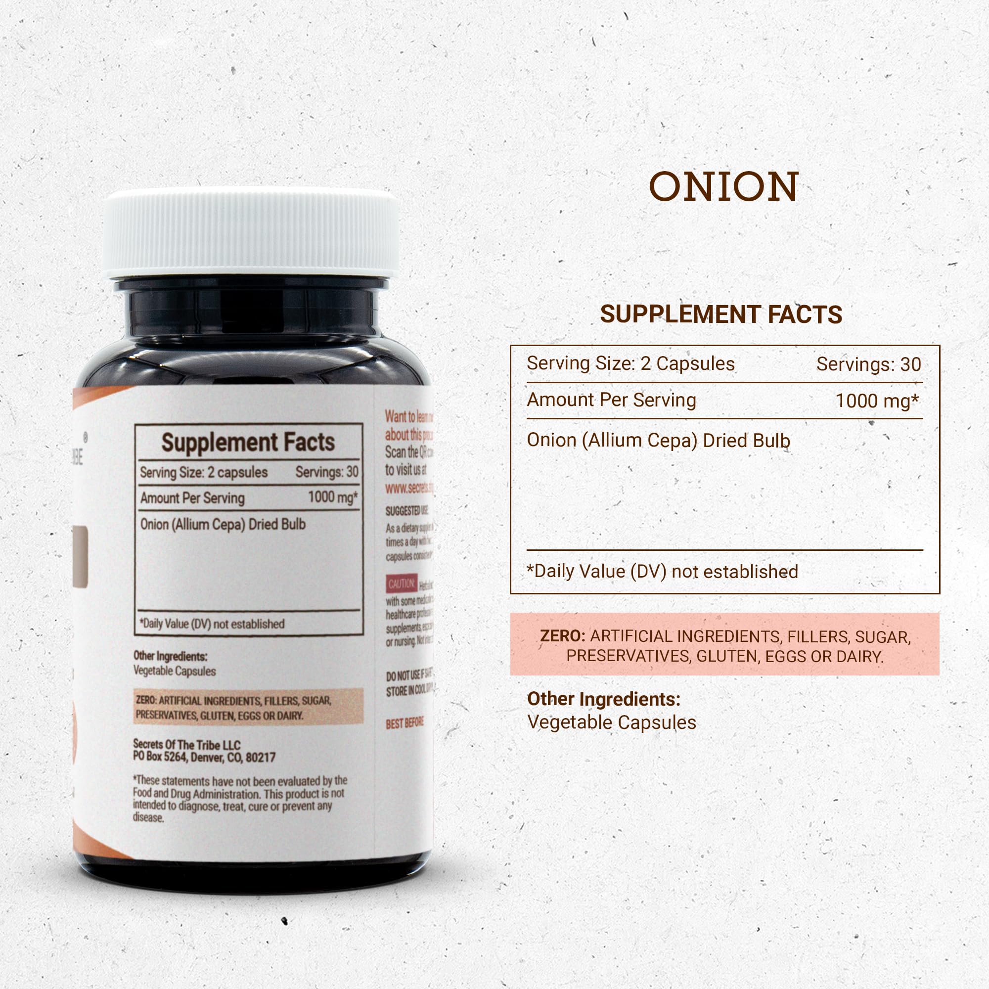Secrets of the Tribe Onion Capsules opened bottle with capsules