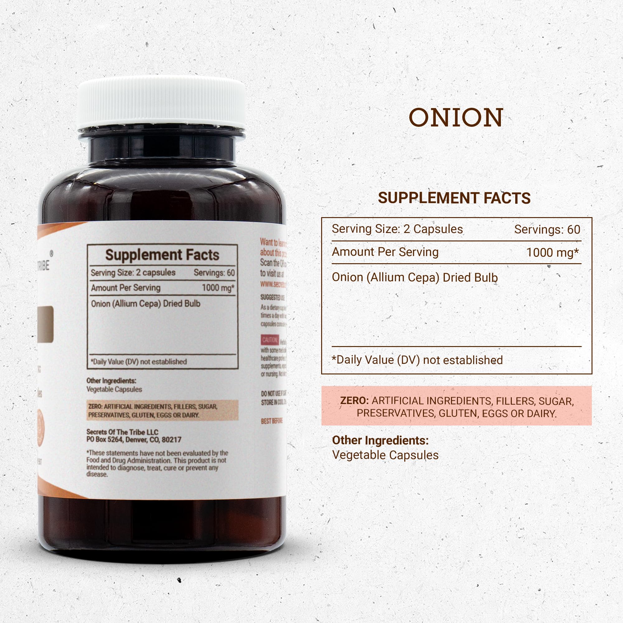 Secrets of the Tribe Onion Capsules packaging with ingredients listed