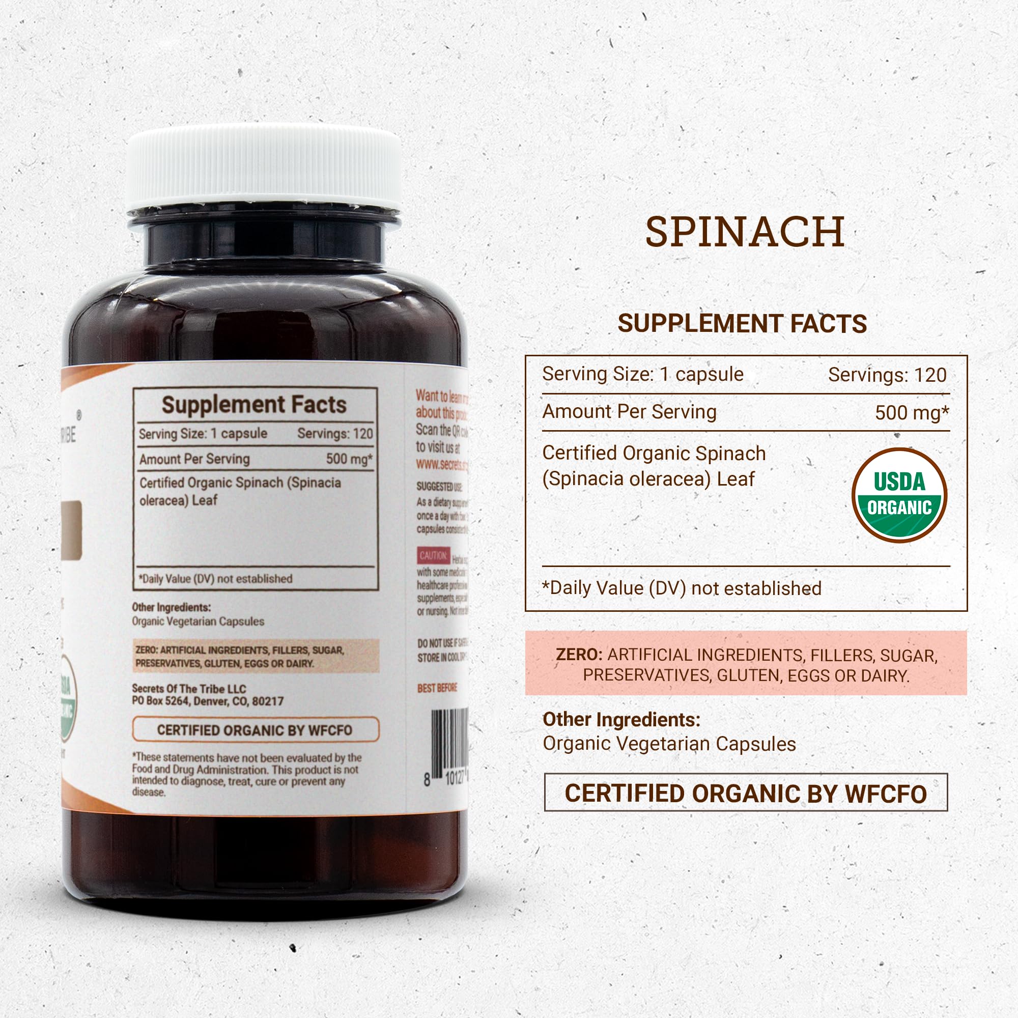 Secrets of the Tribe Organic Spinach Capsules with ingredients list