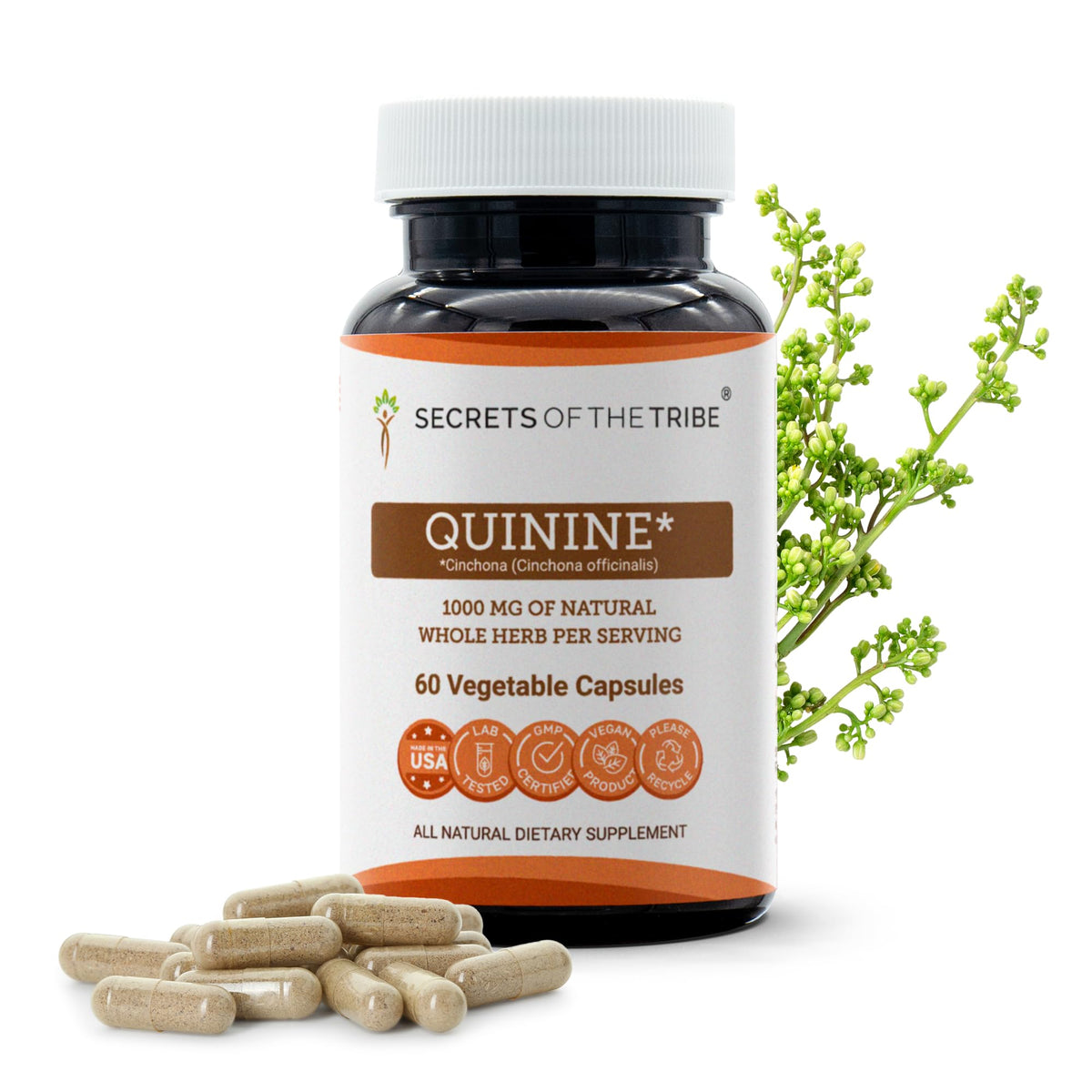 Secrets of the Tribe Quinine Capsules front view with packaging