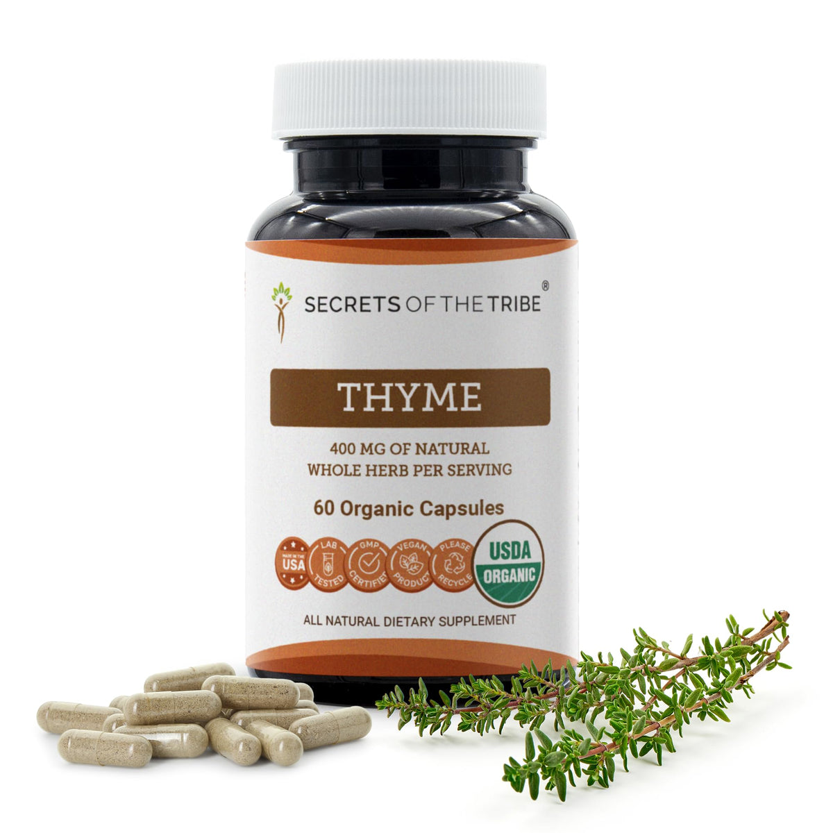 Secrets of the Tribe Thyme Capsules 60 count bottle front view