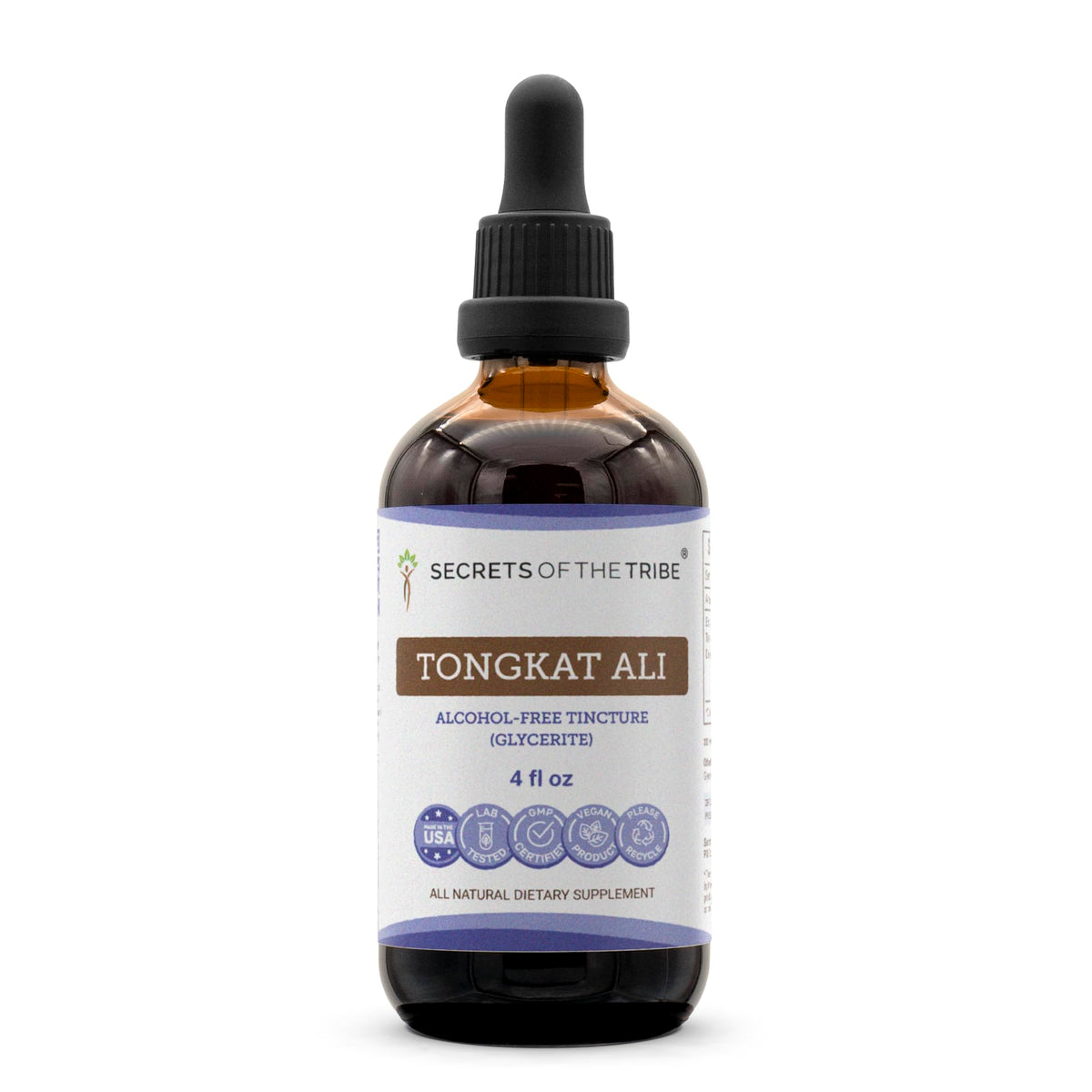 Secrets of the Tribe Tongkat Ali Tincture front view with dropper