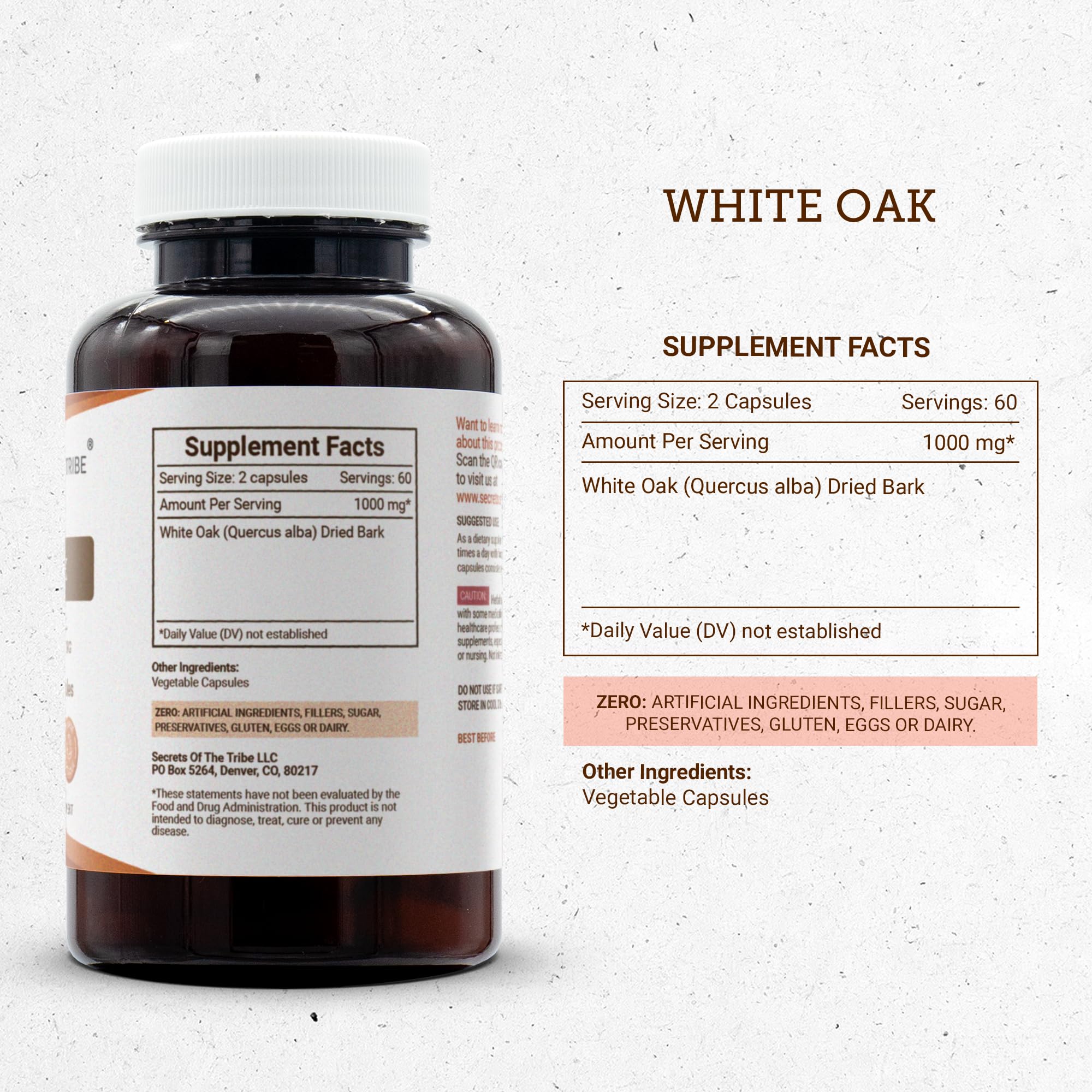 Secrets of the Tribe White Oak Dried Bark Capsules packaging
