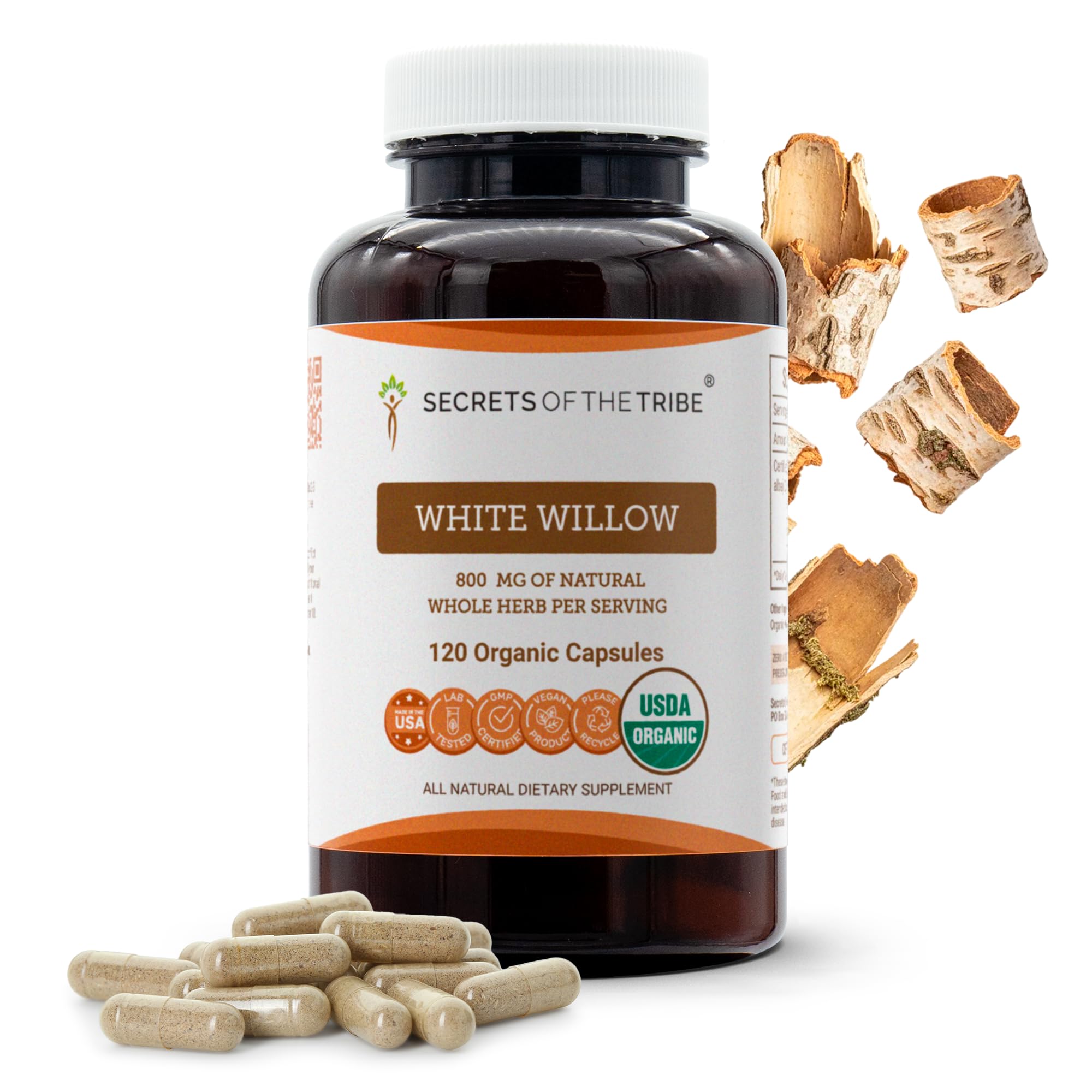 Secrets of the Tribe White Willow Bark Capsules 90 count front view