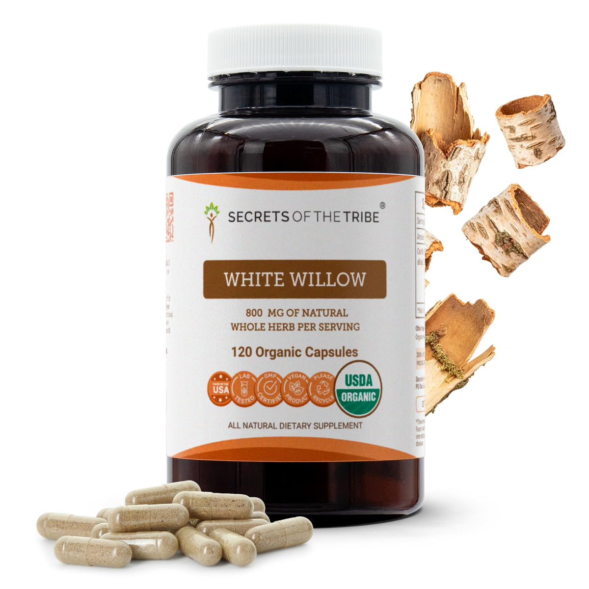 Secrets of the Tribe White Willow Bark Capsules 90 count front view