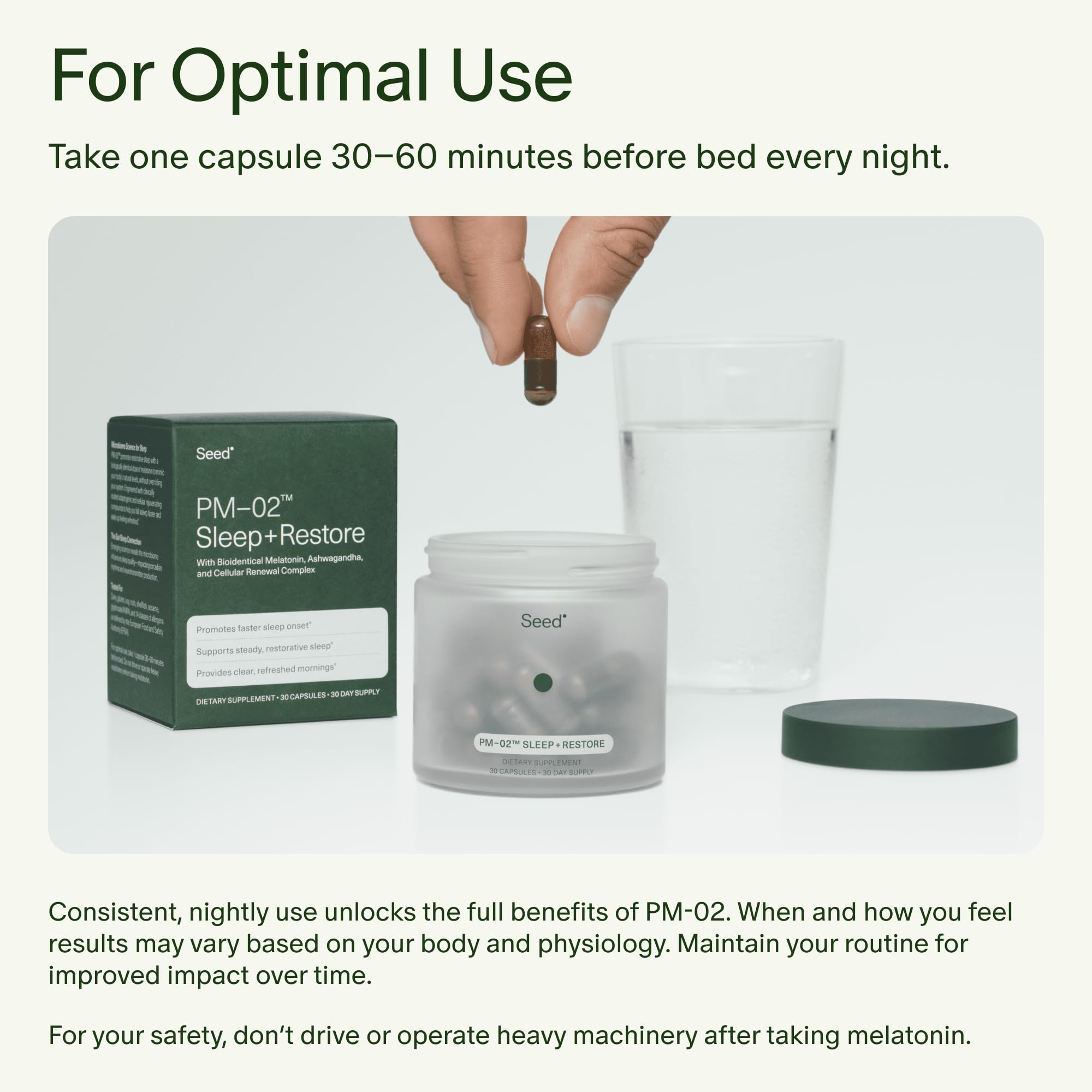 Seed PM-02 Sleep + Restore capsules in a hand