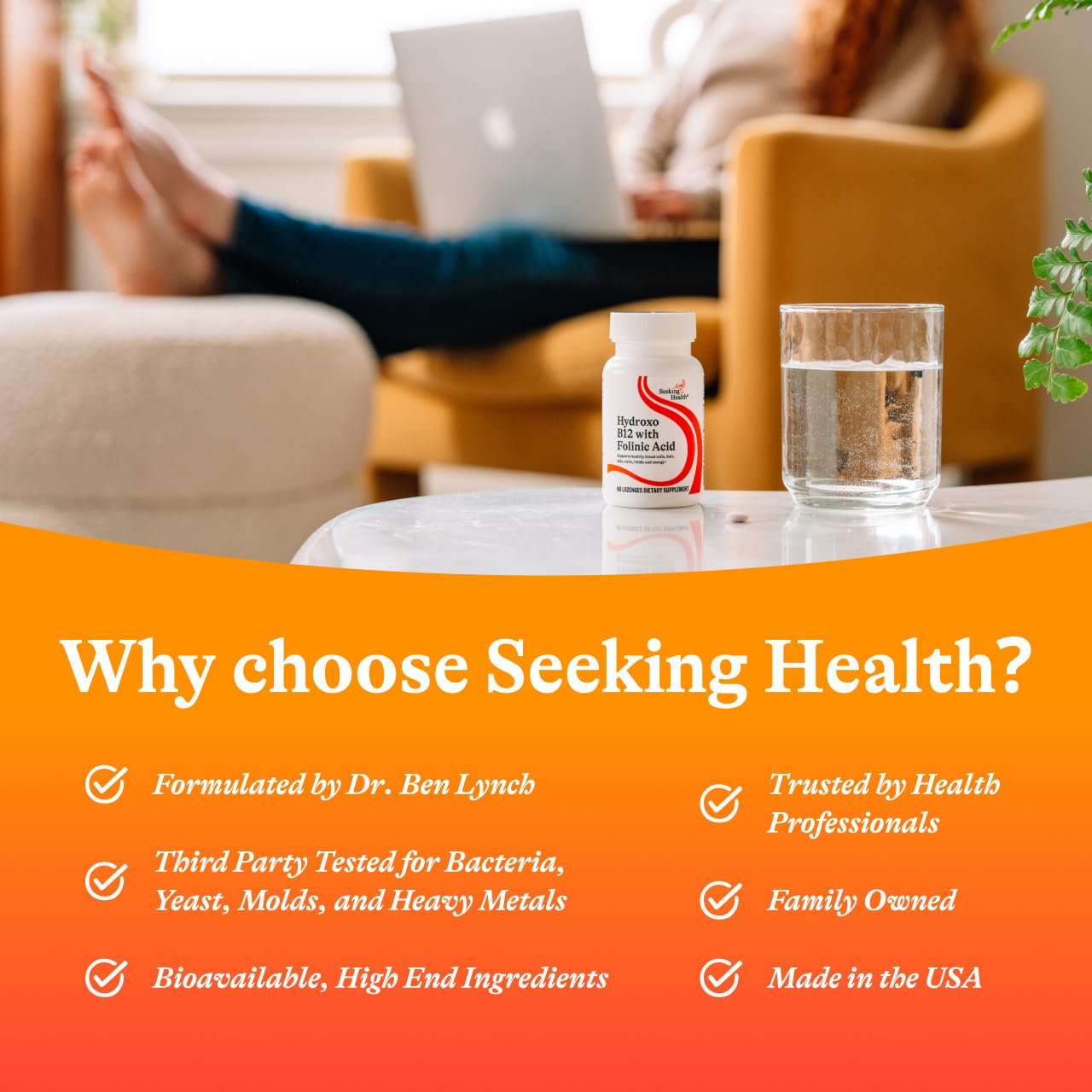 Seeking Health B12 Lozenges displayed with a glass of water