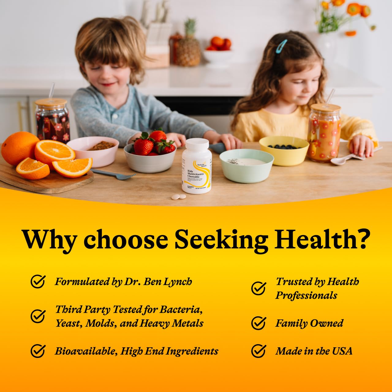 Seeking Health Kids Multivitamin Chewable on a kitchen table