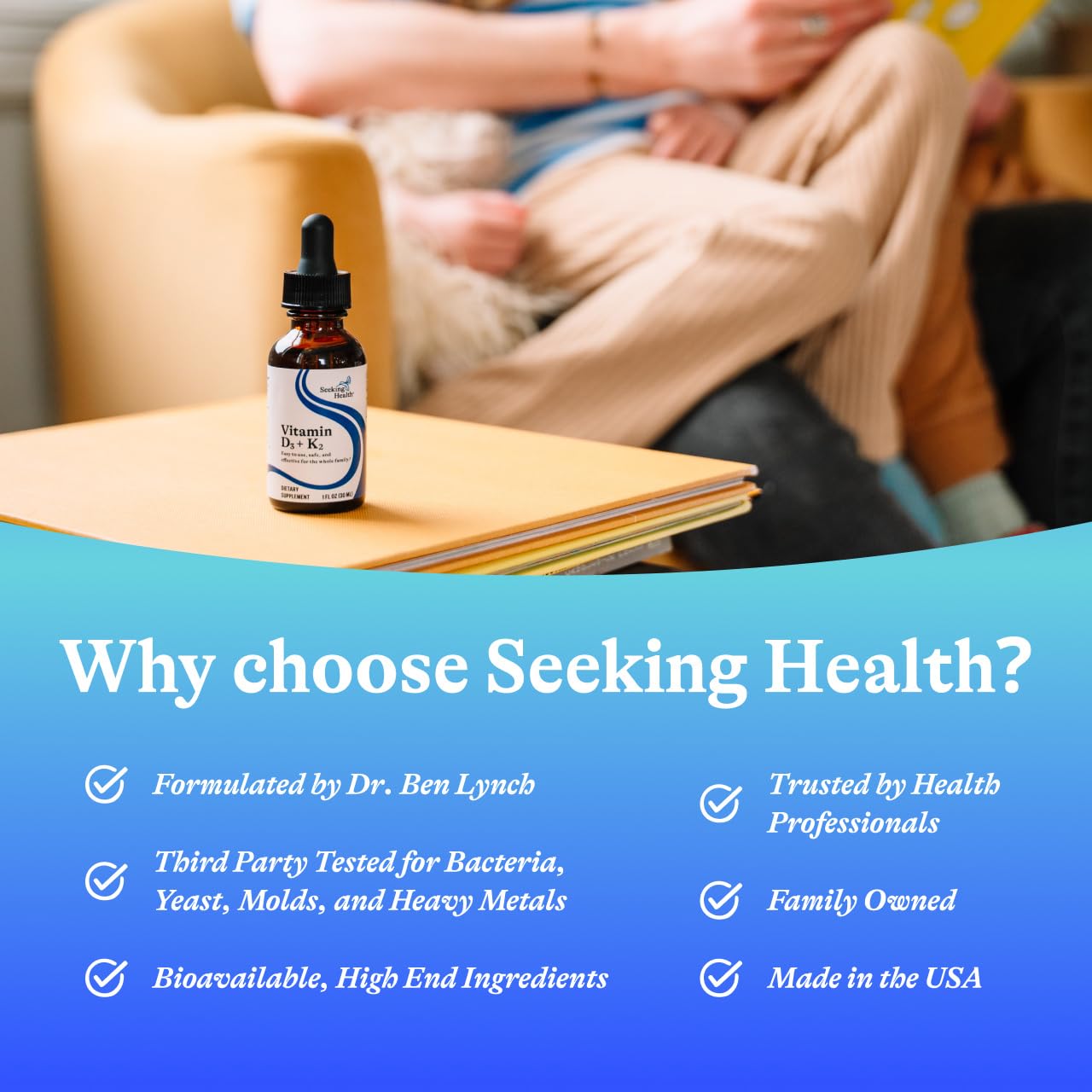 Seeking Health Liquid Vitamin D3 & K2 Drops with olive oil background