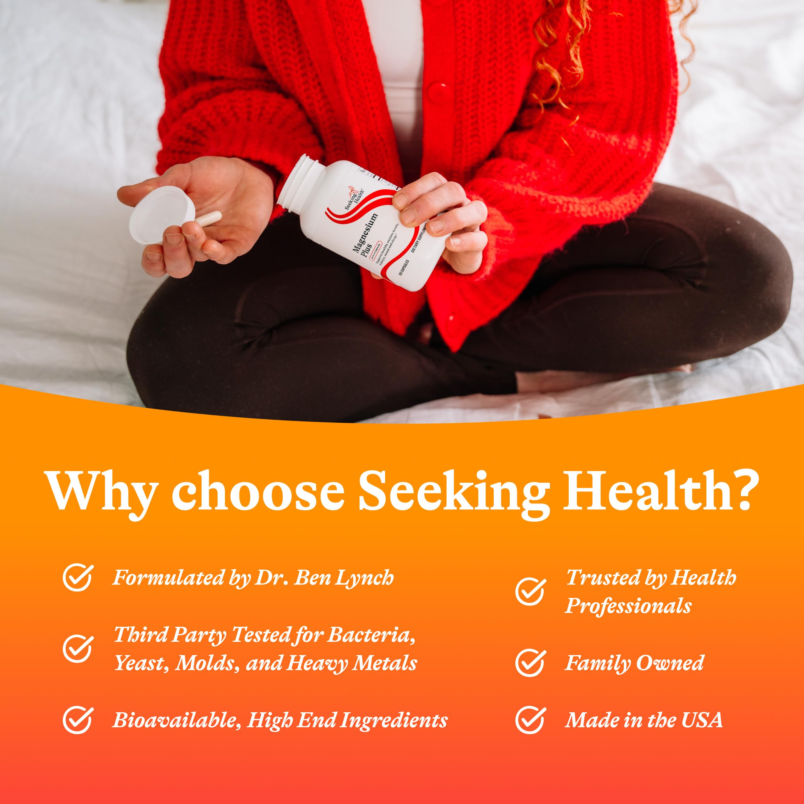 Seeking Health Magnesium Supplement with Vitamin B6 125mg capsules in a hand