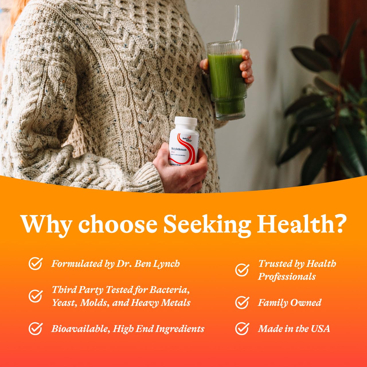 Seeking Health Molybdenum Glycinate Chelate supplement on a wooden table