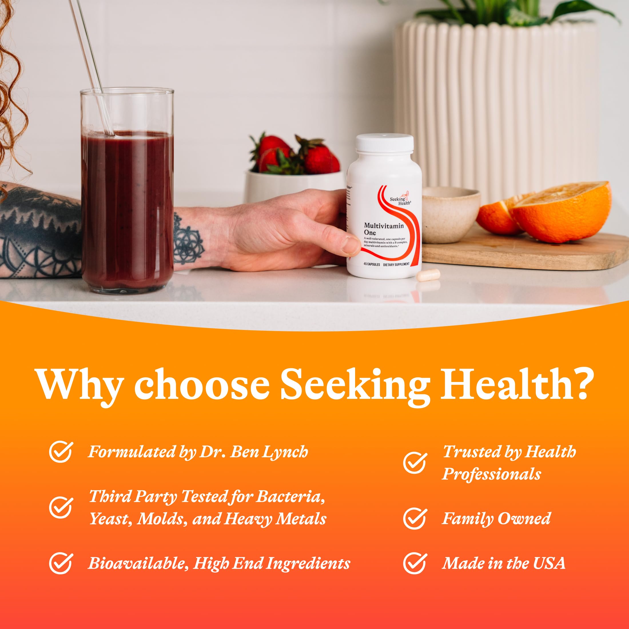 Seeking Health Multivitamin displayed in a kitchen setting