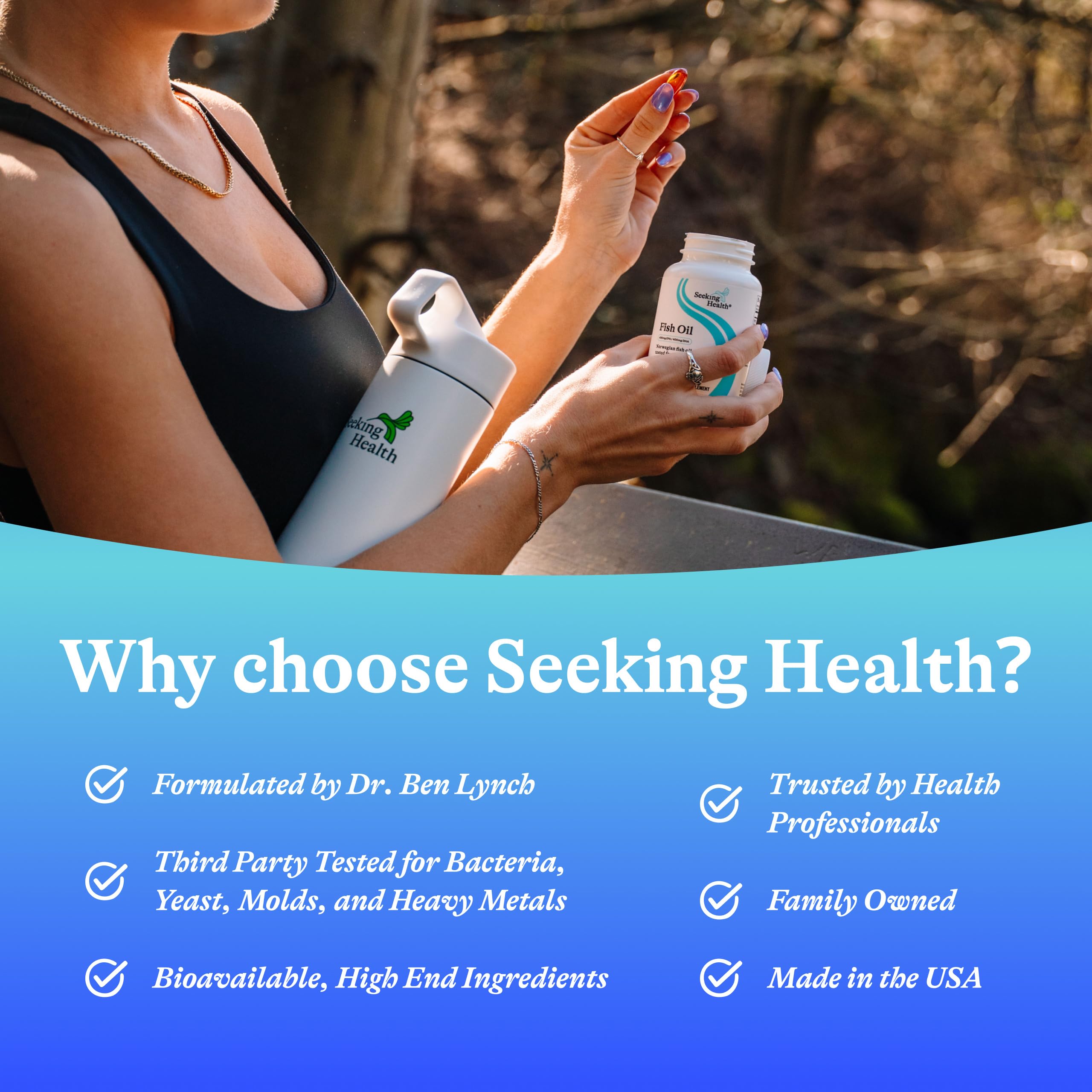 Seeking Health Optimal Fish Oil Softgels on a wooden table