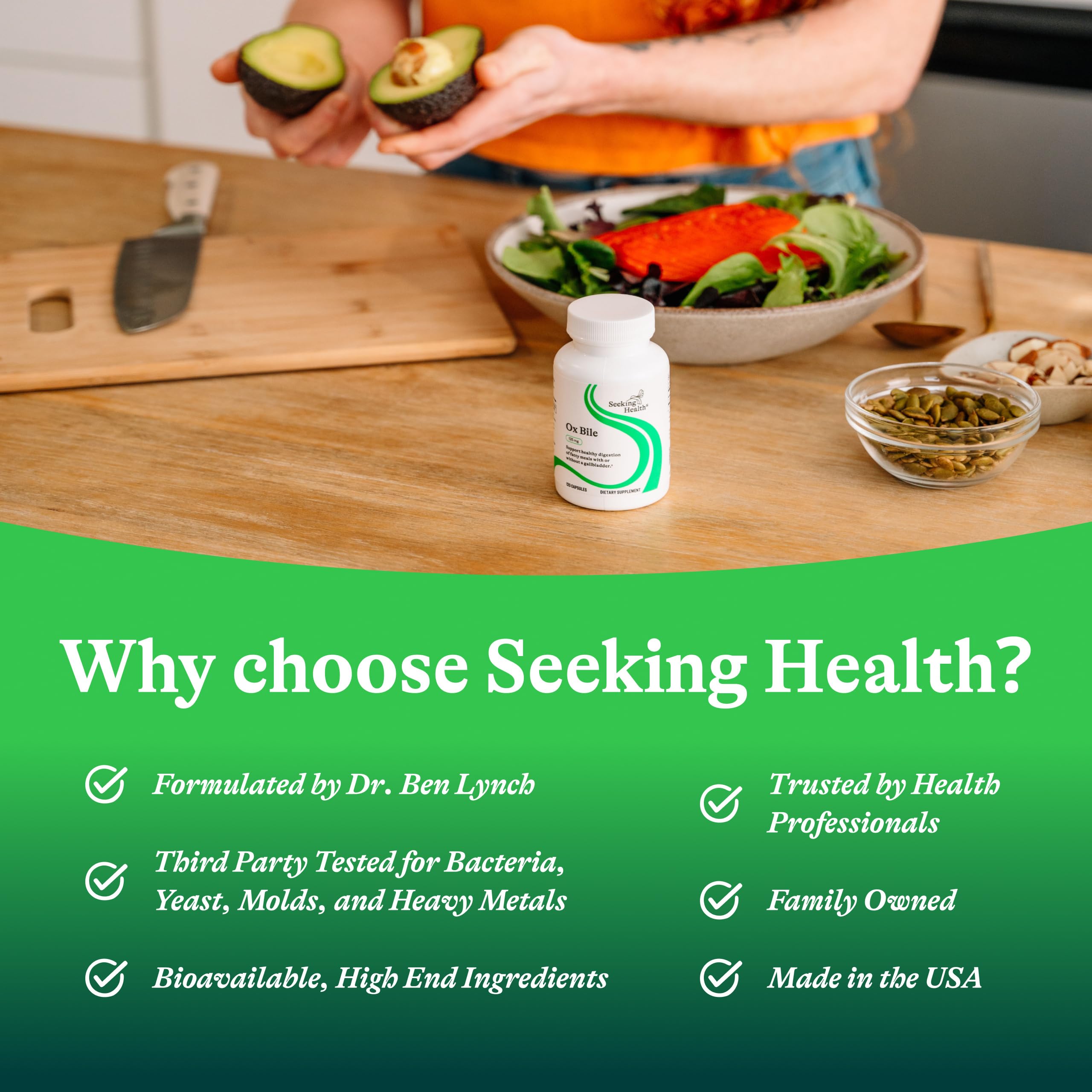 Seeking Health Ox Bile Supplement 125mg on a wooden table