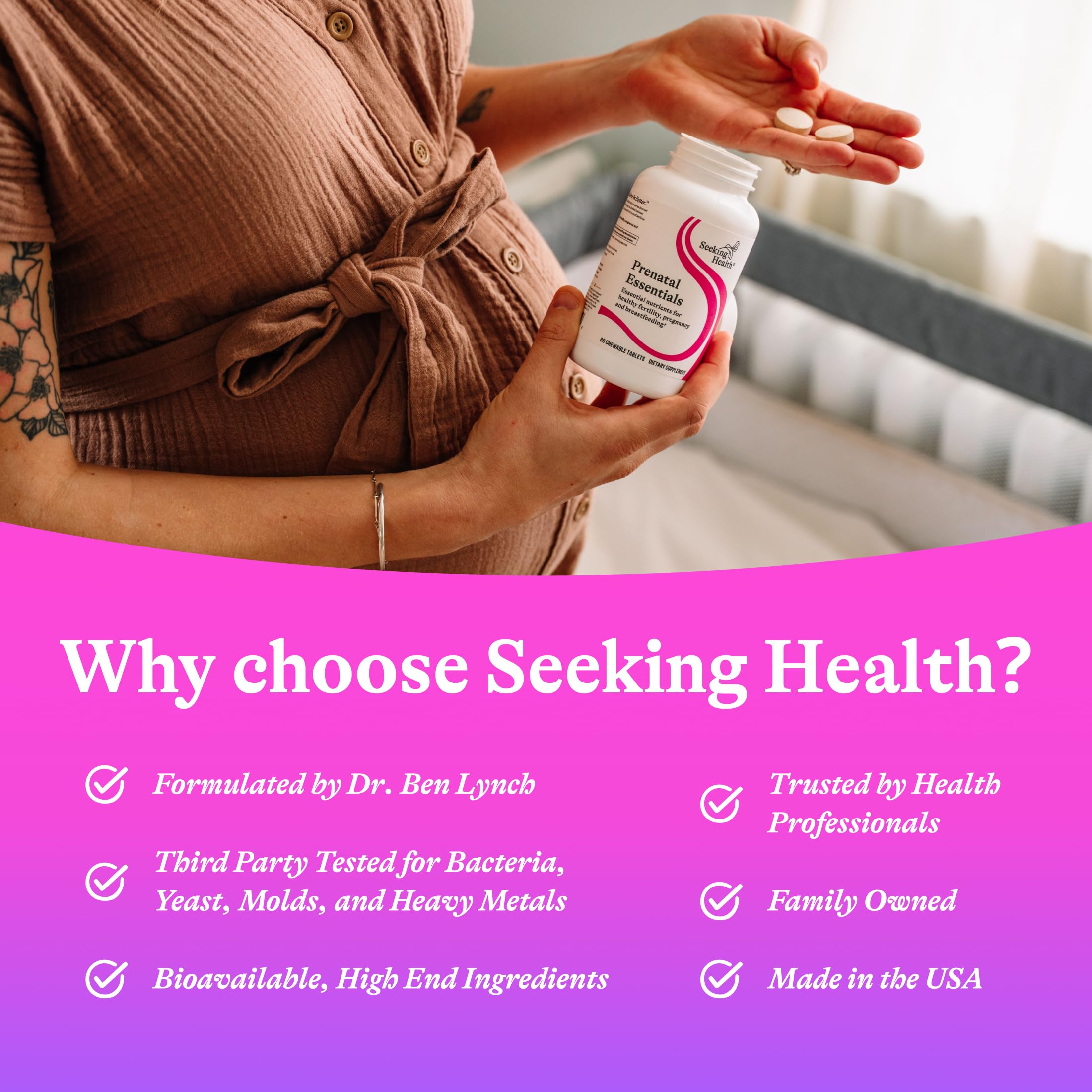 Seeking Health Prenatal Multivitamin chewable tablets with a glass of water