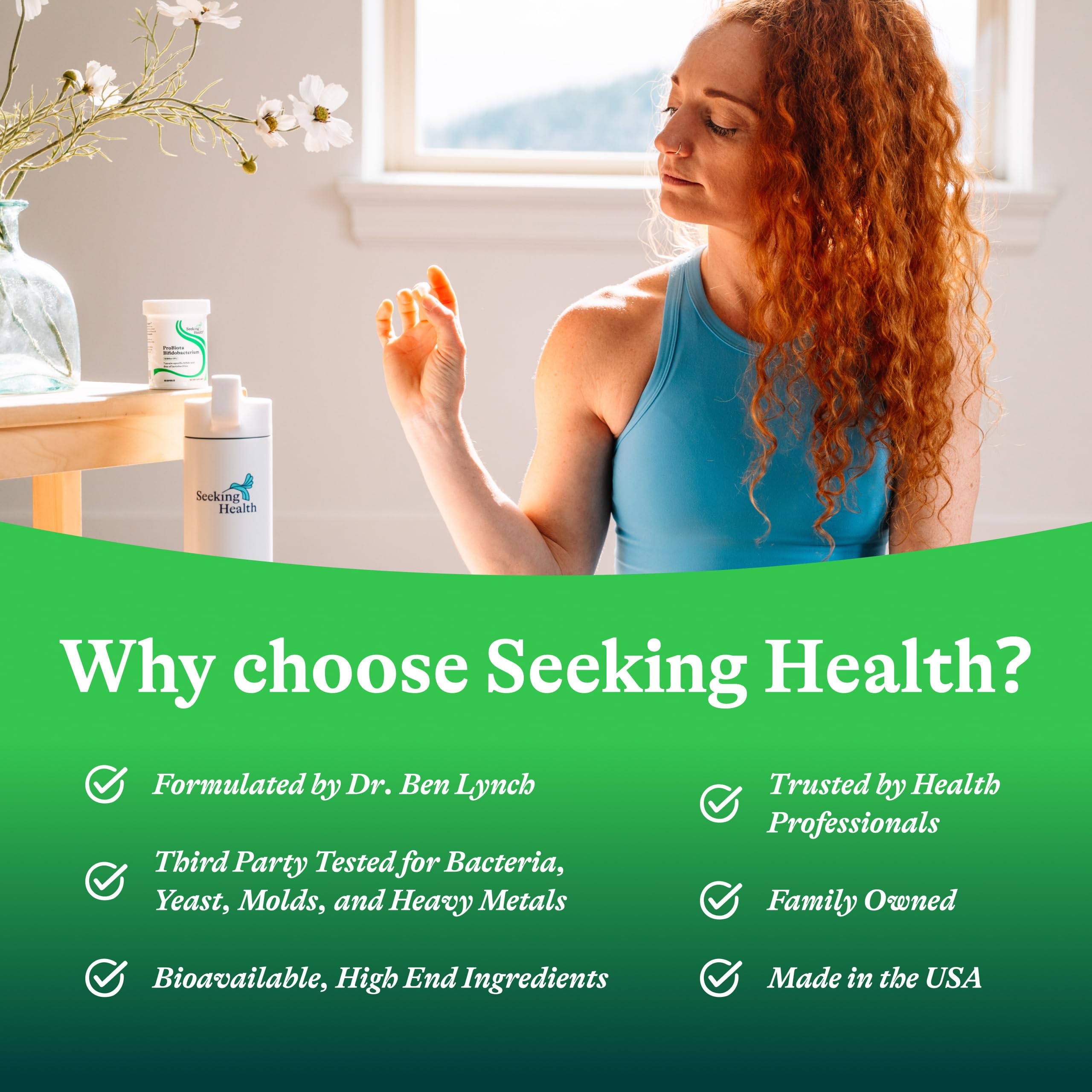 Seeking Health Probiotic Supplement 12 Billion CFU with a glass of water