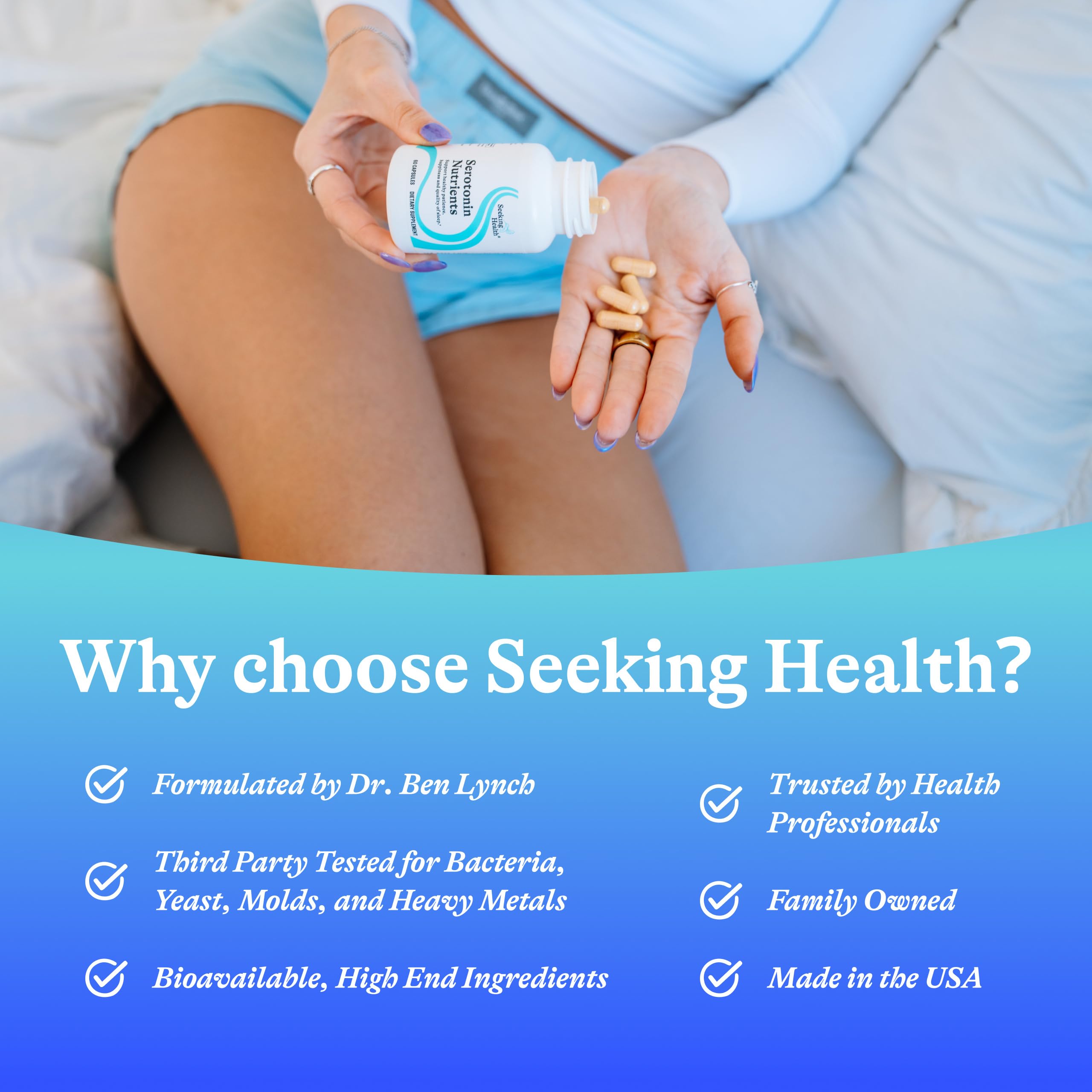 Seeking Health Serotonin Nutrients 5-HTP Supplement on a wooden table