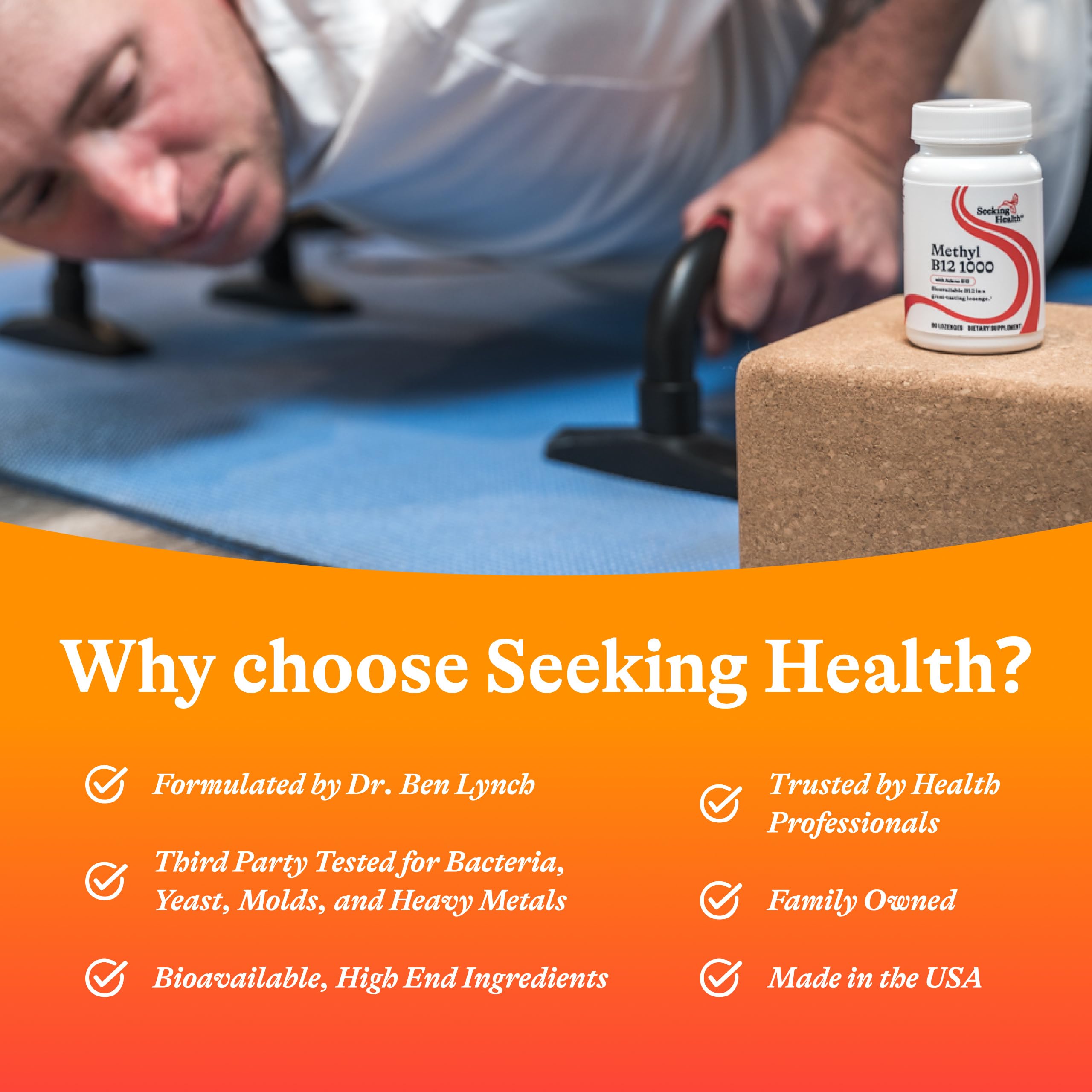 Seeking Health Vitamin B12 Lozenges displayed with natural ingredients