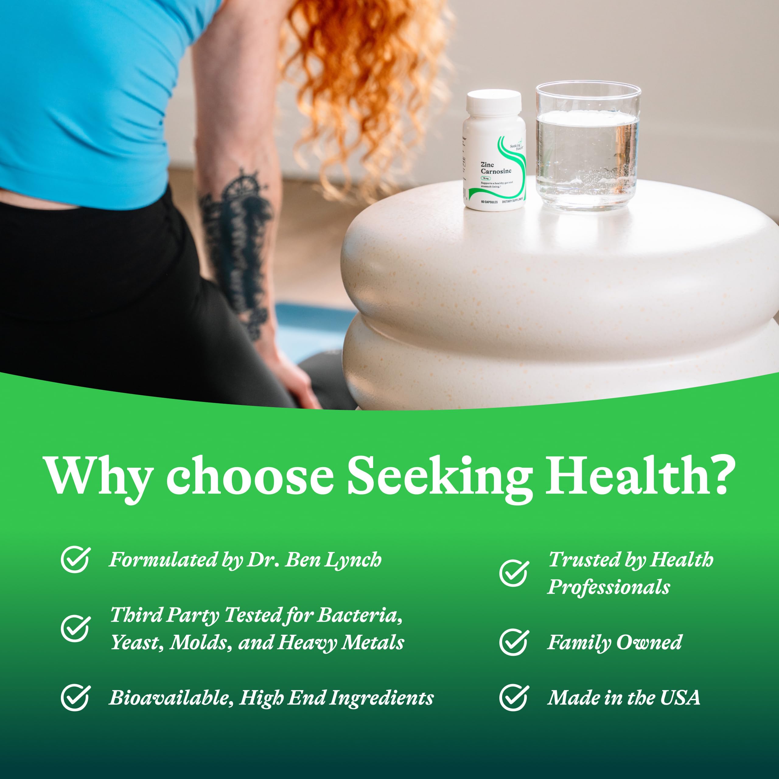 Seeking Health Zinc L-Carnosine Capsules on a wooden table