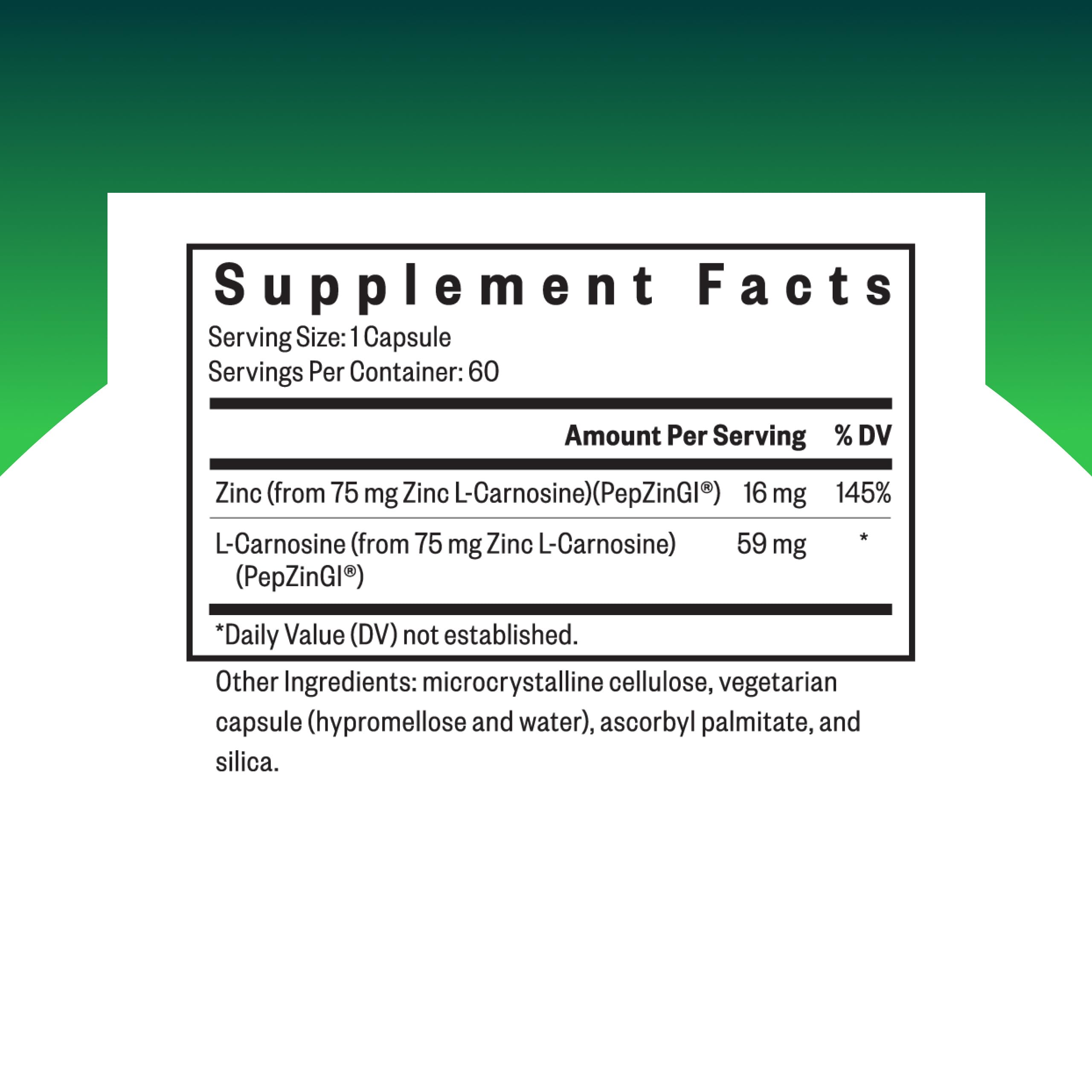 Seeking Health Zinc L-Carnosine Capsules side view with label