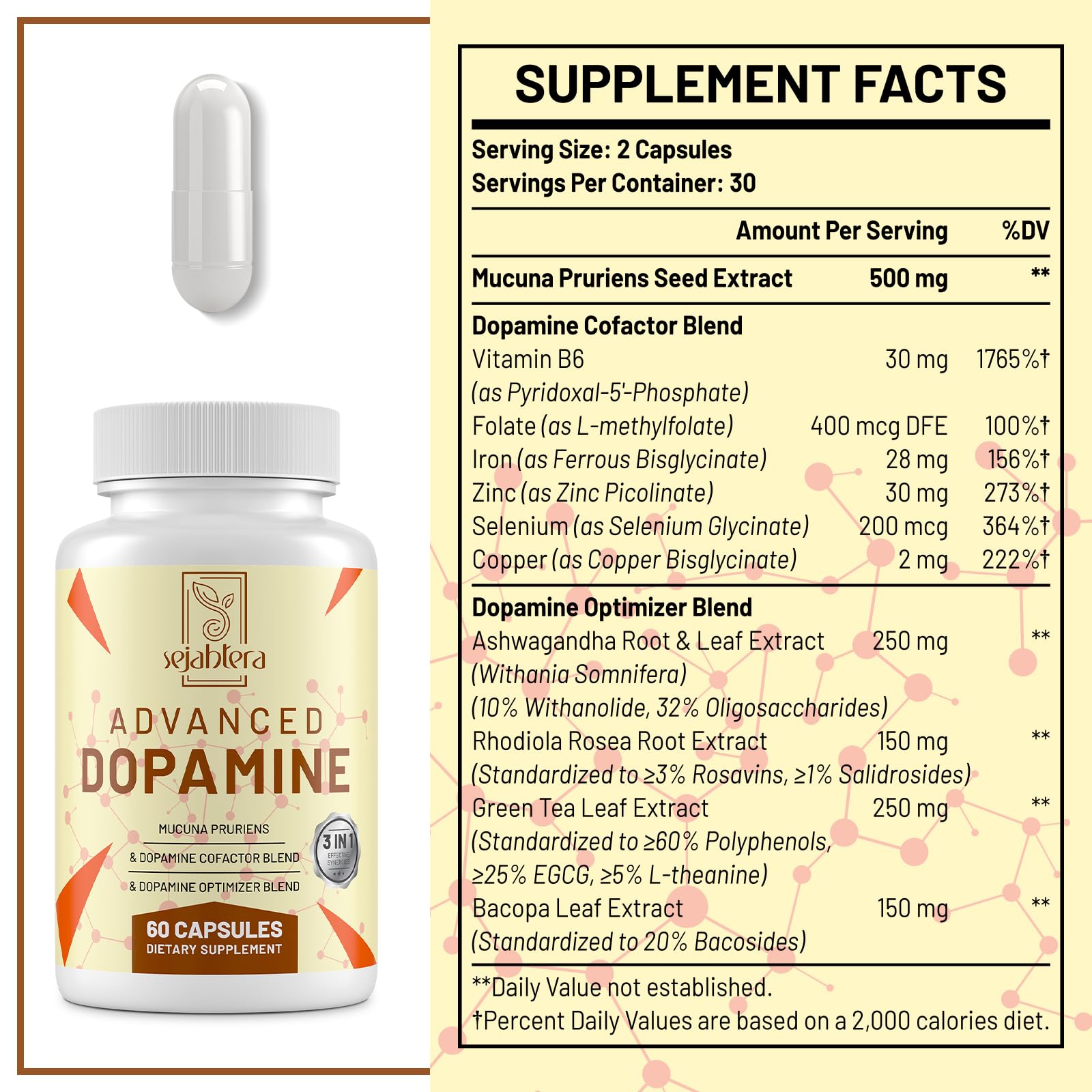 Sejahtera Dopamine Supplement 3-in-1 capsule close-up