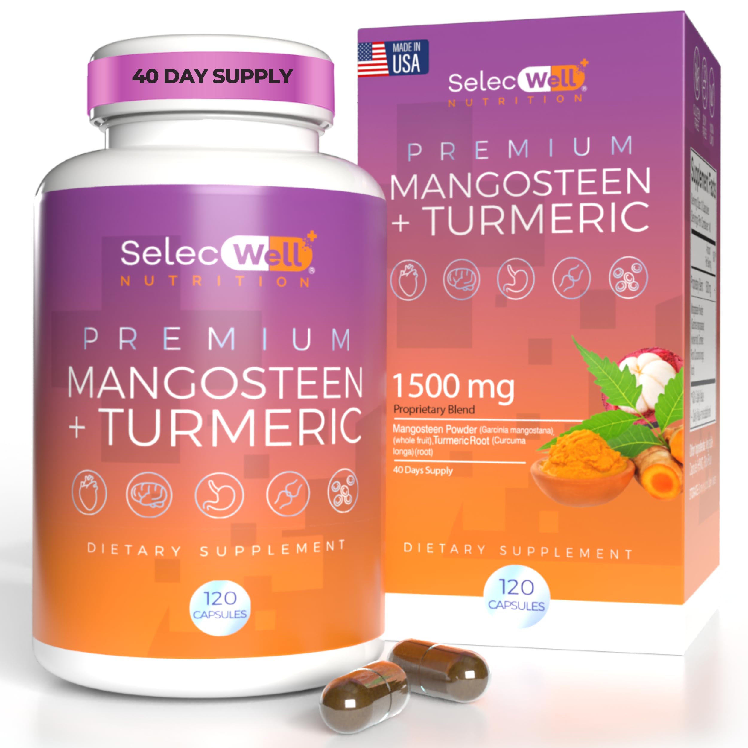 SelecWell Mangosteen and Turmeric Capsules bottle front view