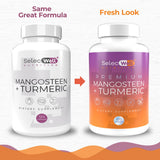 SelecWell Mangosteen and Turmeric Capsules on a wooden table